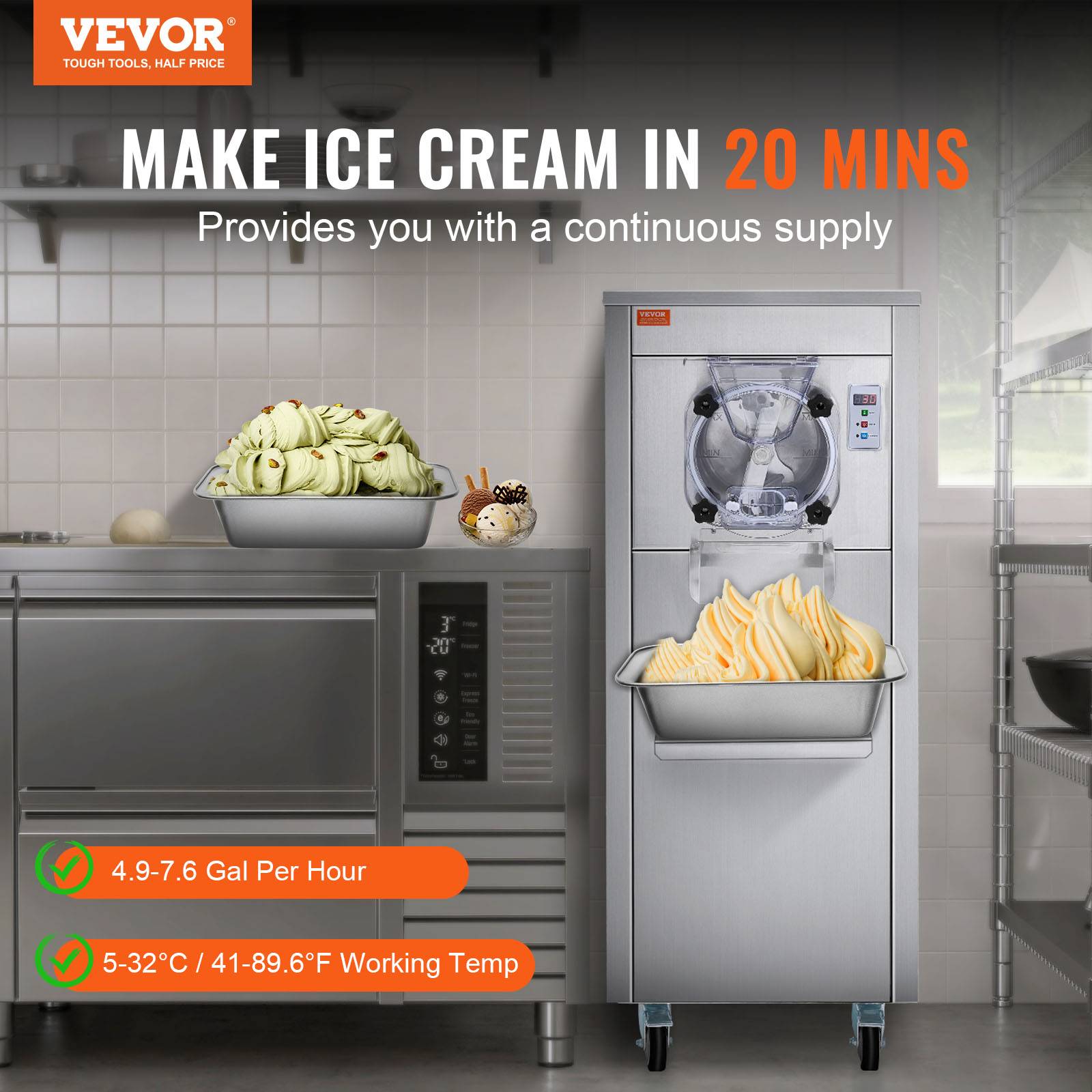 VEVOR Sorbetière commerciale 18 L/h 1600W, cylindre inox 6L, roues, pré-refroidissement auto, panneau LED. - Image 2