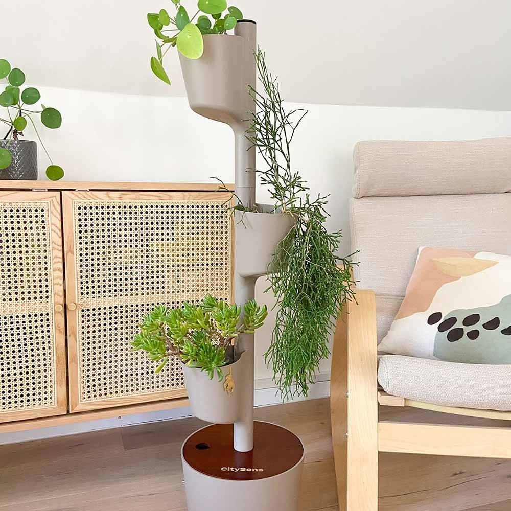 Jardinière verticale CitySens couleur écorce et bois teck avec 3 pots et arrosage manuel - Image 3
