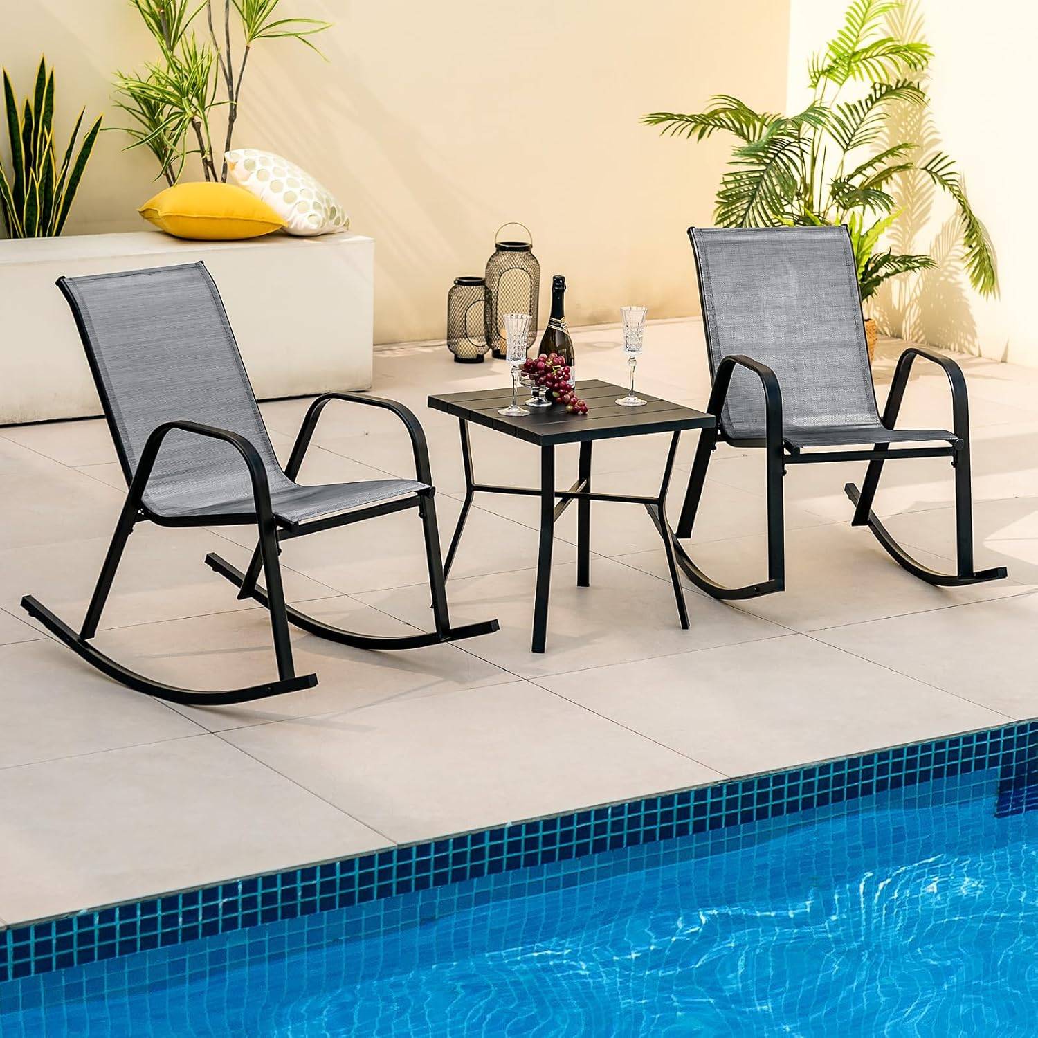 Chaise de Jardin à Bascule Lot de 2, Fauteuil à Bascule avec Accoudoirs, Cadre en Métal,  pour Jardin, Piscine, 91 x 62 x 86 cm (Gris) - Image 2