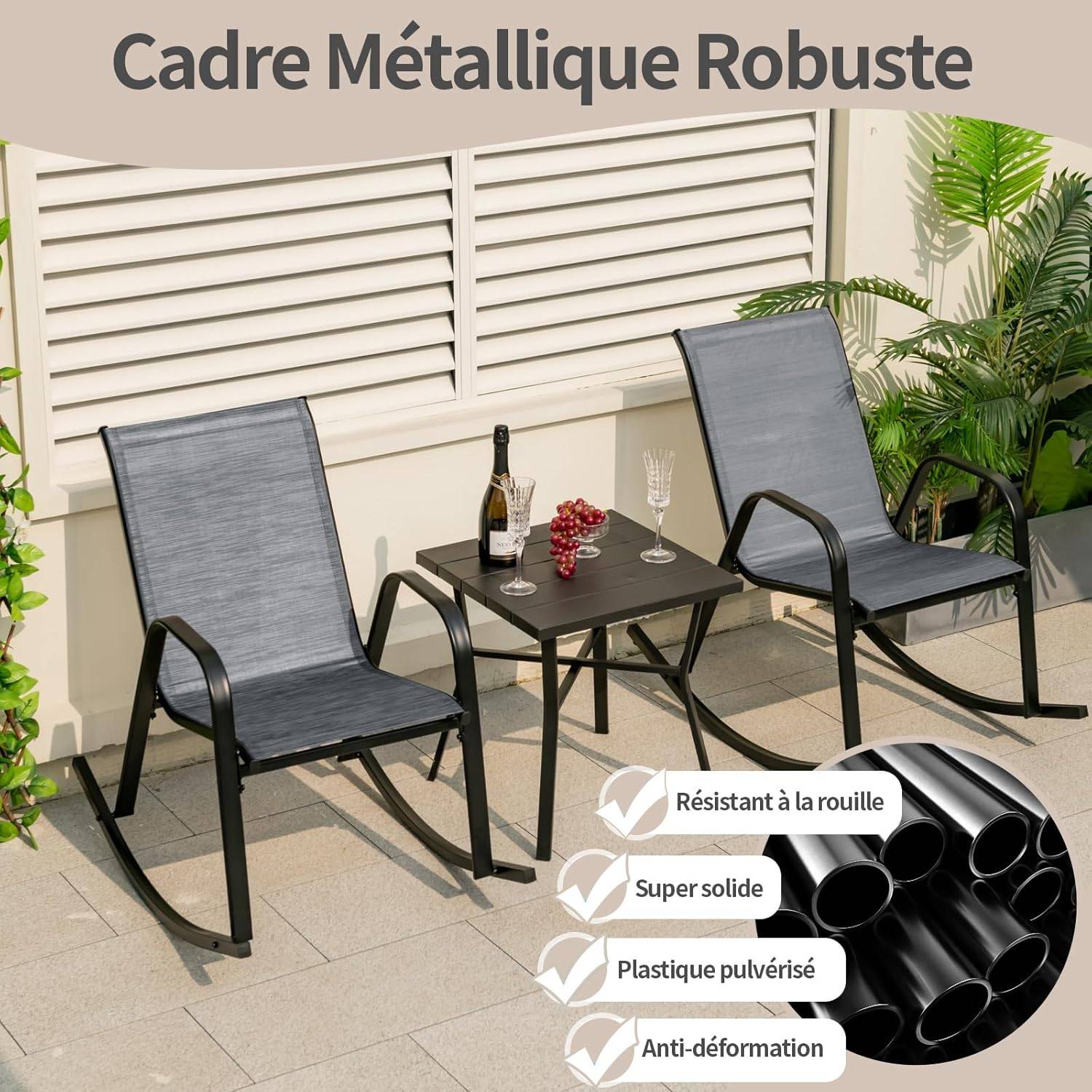 Chaise de Jardin à Bascule Lot de 2, Fauteuil à Bascule avec Accoudoirs, Cadre en Métal,  pour Jardin, Piscine, 91 x 62 x 86 cm (Gris) - Image 7