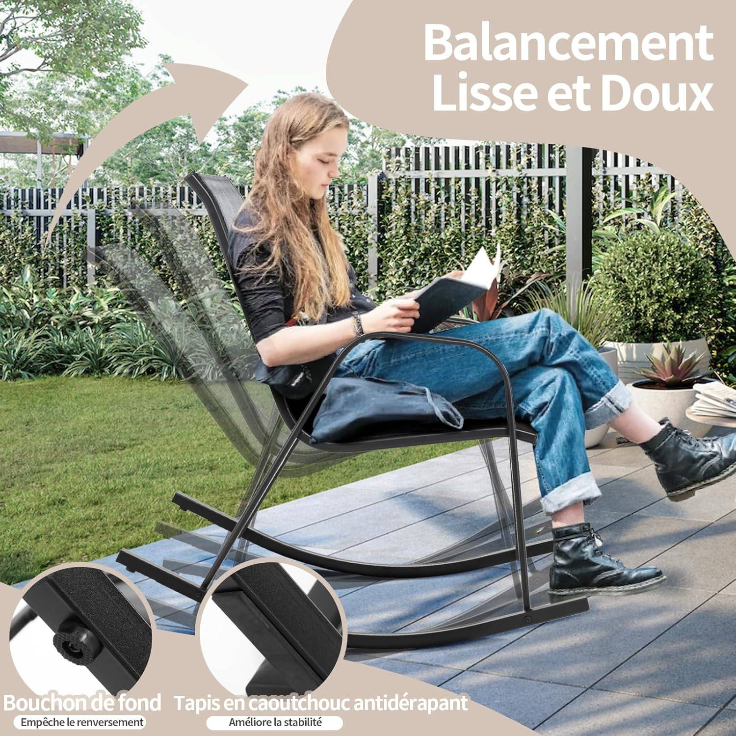 Chaise de Jardin à Bascule Lot de 2, Fauteuil à Bascule avec Accoudoirs, Cadre en Métal,  pour Jardin, Piscine, 91 x 62 x 86 cm (Gris) - Image 5