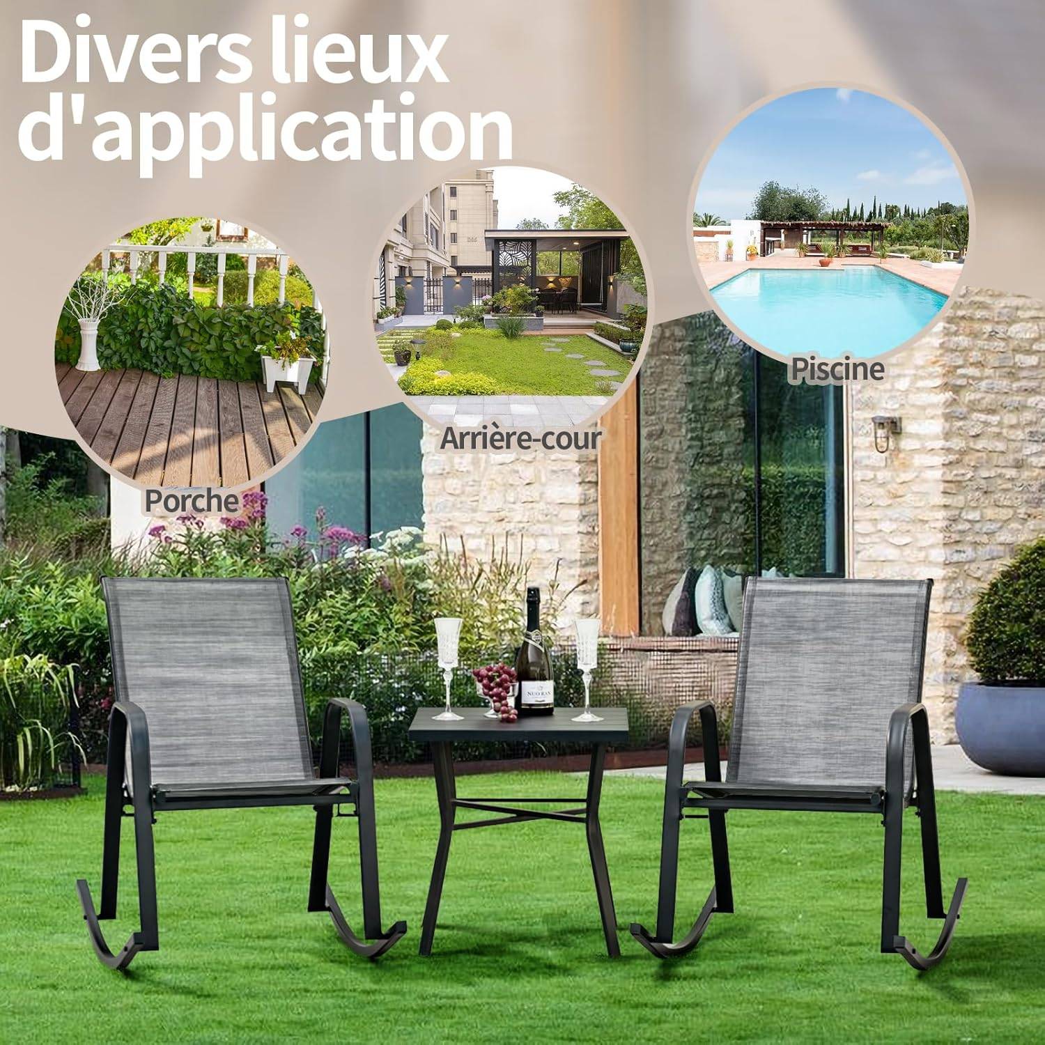 Chaise de Jardin à Bascule Lot de 2, Fauteuil à Bascule avec Accoudoirs, Cadre en Métal,  pour Jardin, Piscine, 91 x 62 x 86 cm (Gris) - Image 8