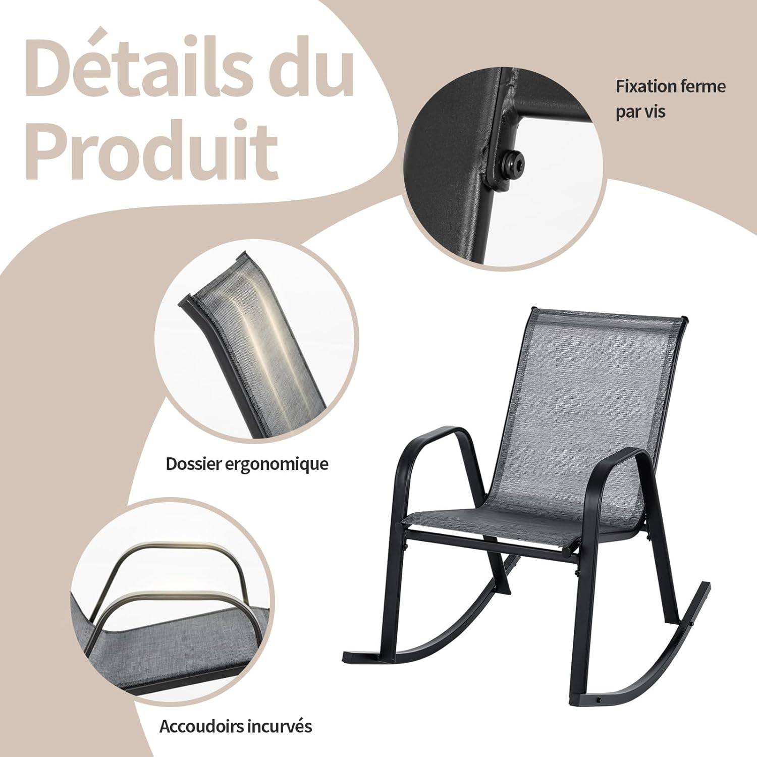 Chaise de Jardin à Bascule Lot de 2, Fauteuil à Bascule avec Accoudoirs, Cadre en Métal,  pour Jardin, Piscine, 91 x 62 x 86 cm (Gris) - Image 9