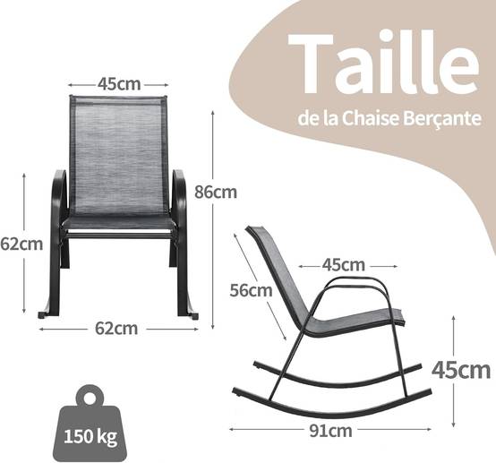 Chaise de Jardin à Bascule Lot de 2, Fauteuil à Bascule avec Accoudoirs, Cadre en Métal, pour Jardin, Piscine, 91 x 62 x 86 cm (Gris) - Image 3