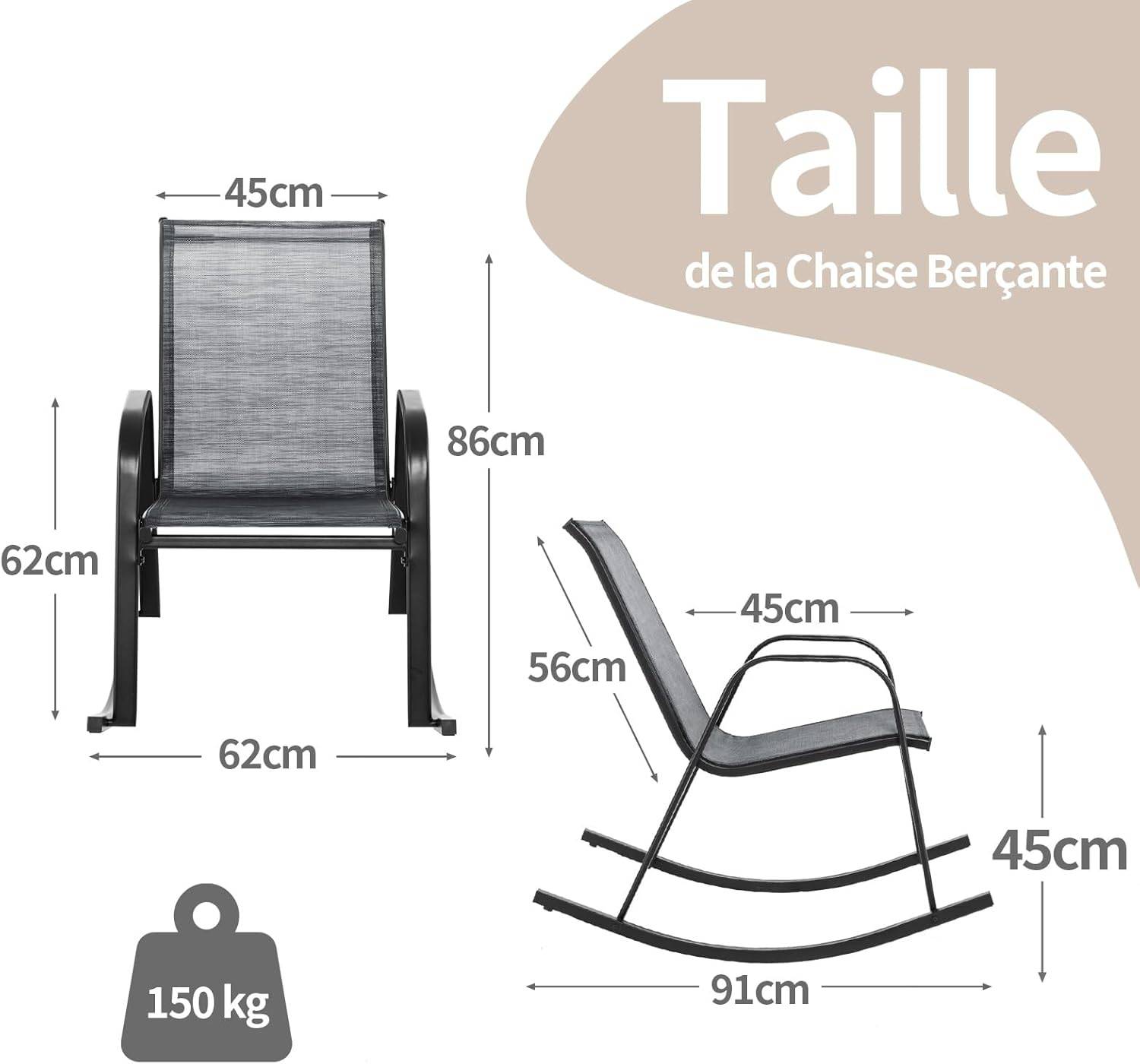 Chaise de Jardin à Bascule Lot de 2, Fauteuil à Bascule avec Accoudoirs, Cadre en Métal,  pour Jardin, Piscine, 91 x 62 x 86 cm (Gris) - Image 3
