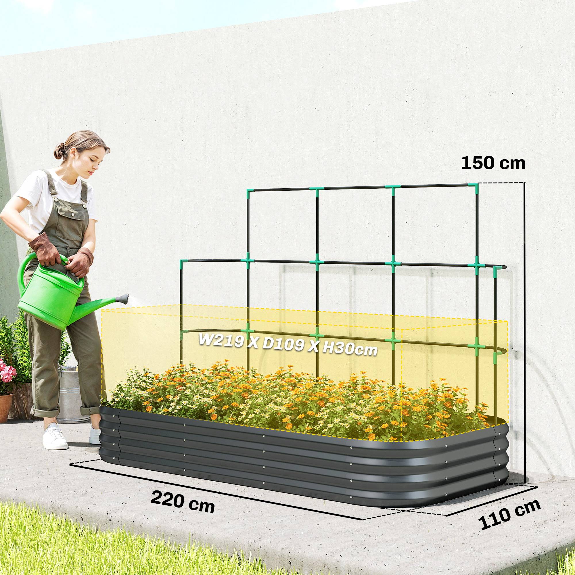 Potager surélevé avec treillis métal, bord protégé, gants, 220x110x150 cm - Image 5