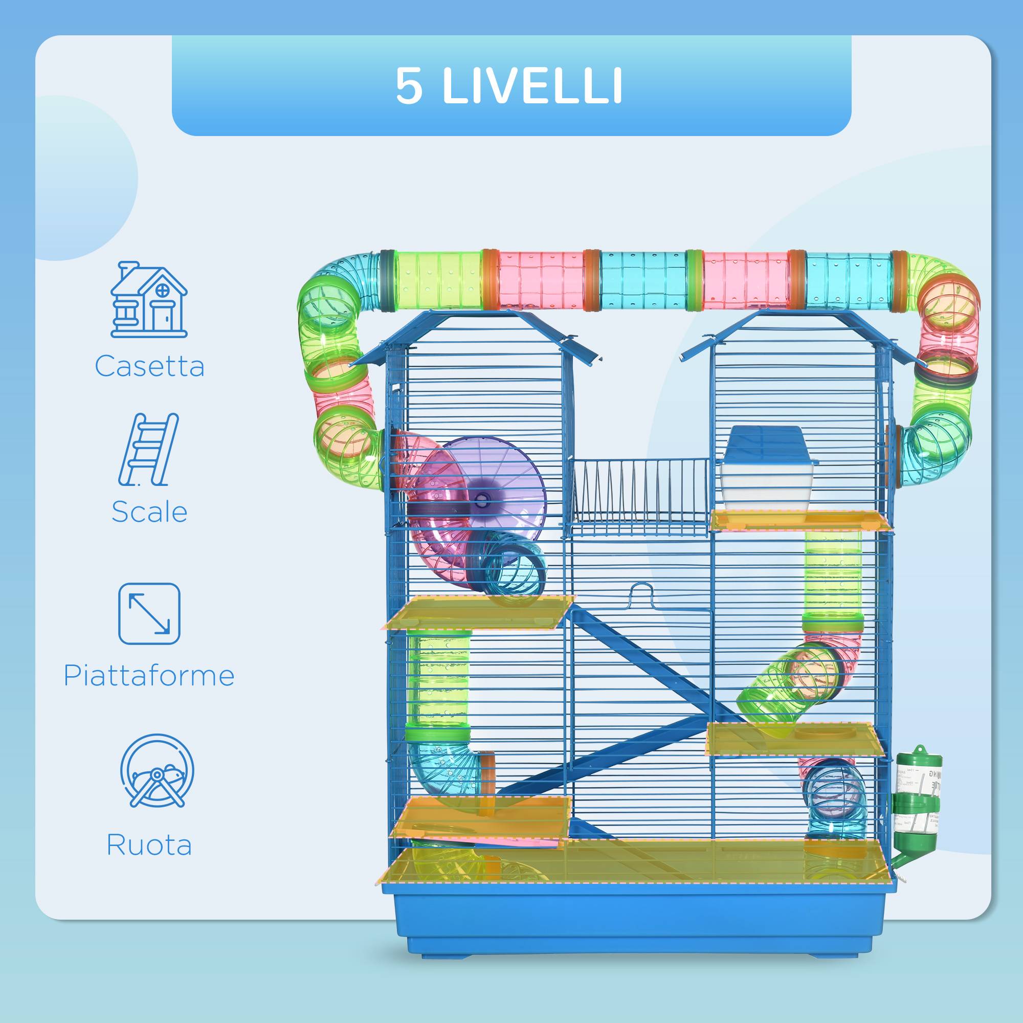 Cage hamster métal pour petits rongeurs 5 niveaux avec accessoires complets 47x30x59cm bleu - ComfortXL Outdoor Living - Image 6