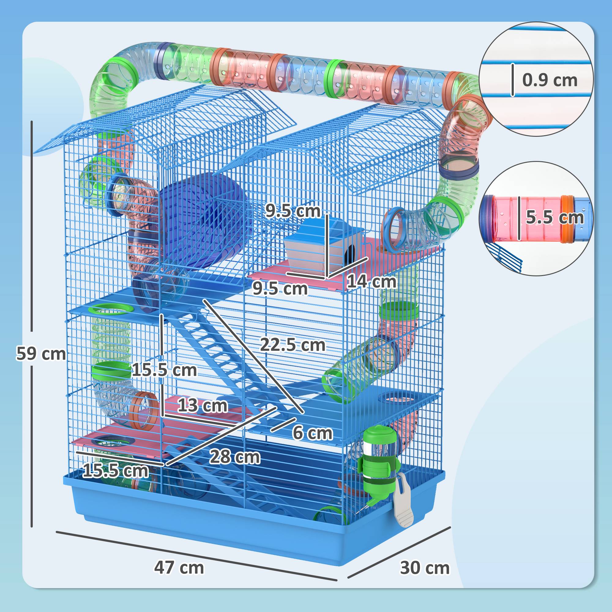 Cage hamster métal pour petits rongeurs 5 niveaux avec accessoires complets 47x30x59cm bleu - ComfortXL Outdoor Living - Image 5