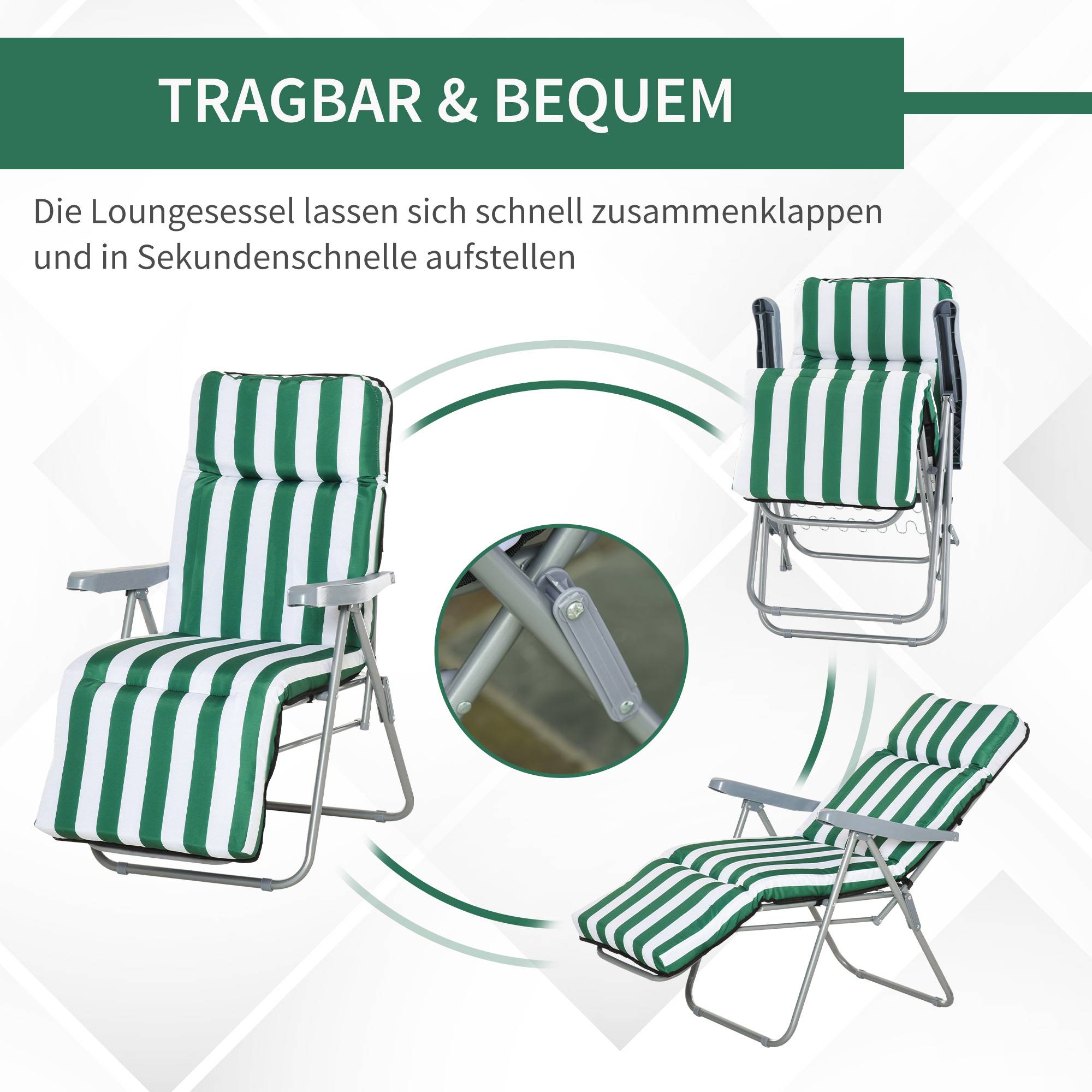 Chaises longues de jardin, lot de 2, pliables avec coussins, 60 x 75 x 102 cm, acier, vert et blanc - Image 8