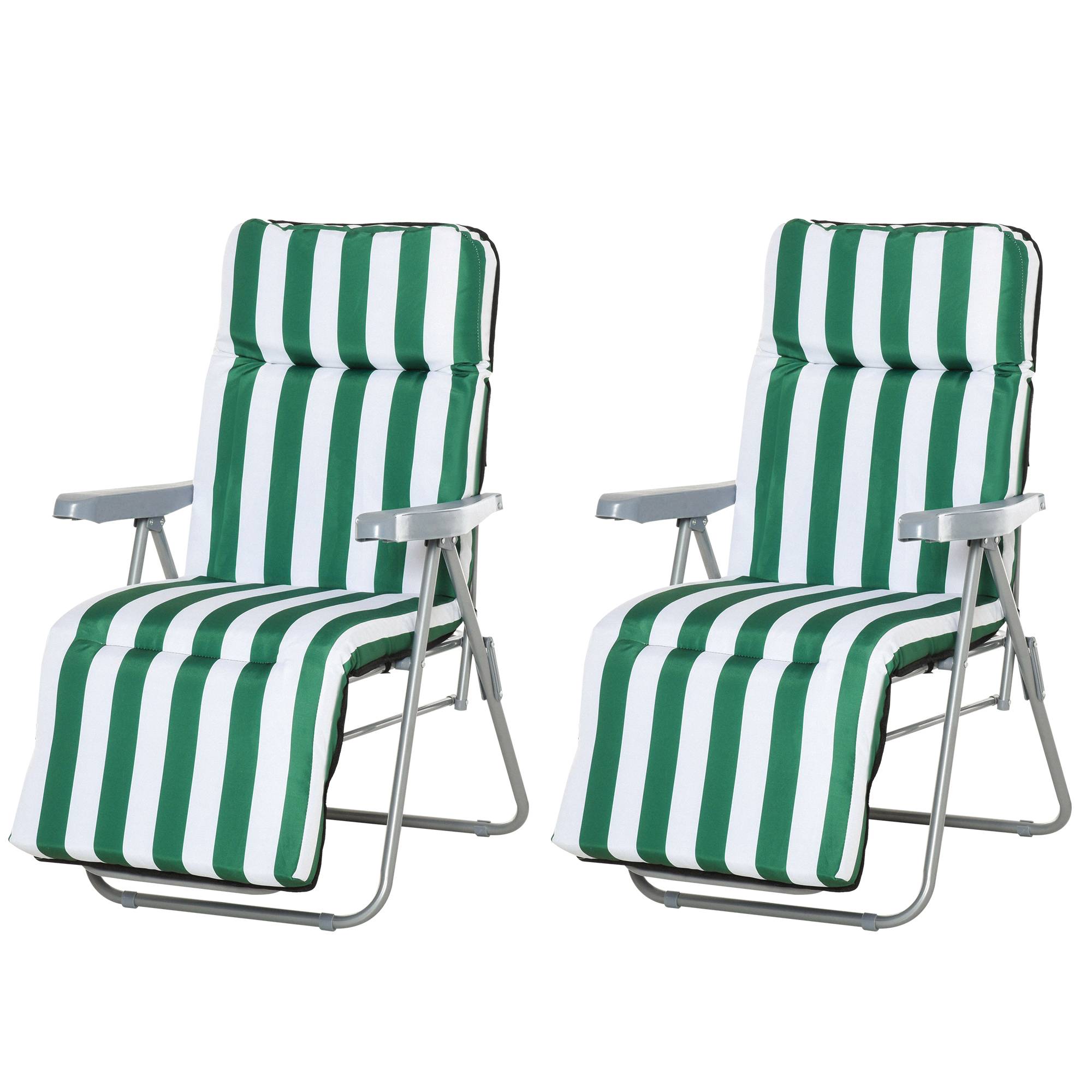 Chaises longues de jardin, lot de 2, pliables avec coussins, 60 x 75 x 102 cm, acier, vert et blanc - Image 2