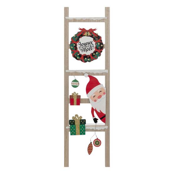 Pancarte échelle Joyeux Noël en bois avec Père Noël et couronne - H 65 cm - Atmosphera