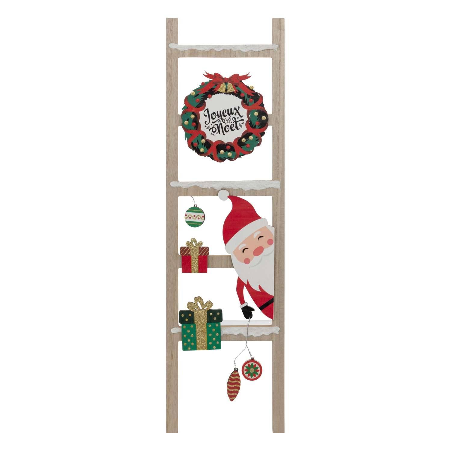 Pancarte échelle Joyeux Noël en bois avec Père Noël et couronne - H 65 cm - Atmosphera
