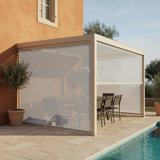 Oviala - Pergola bioclimatique adossée 3x4m et 3 stores bois crème Oia - Oviala - Image 1