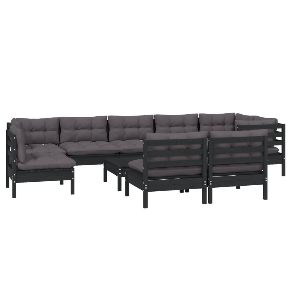 Helloshop26 - Salon de jardin meuble d'extérieur ensemble de mobilier 10 pièces avec coussins noir bois de pin massif