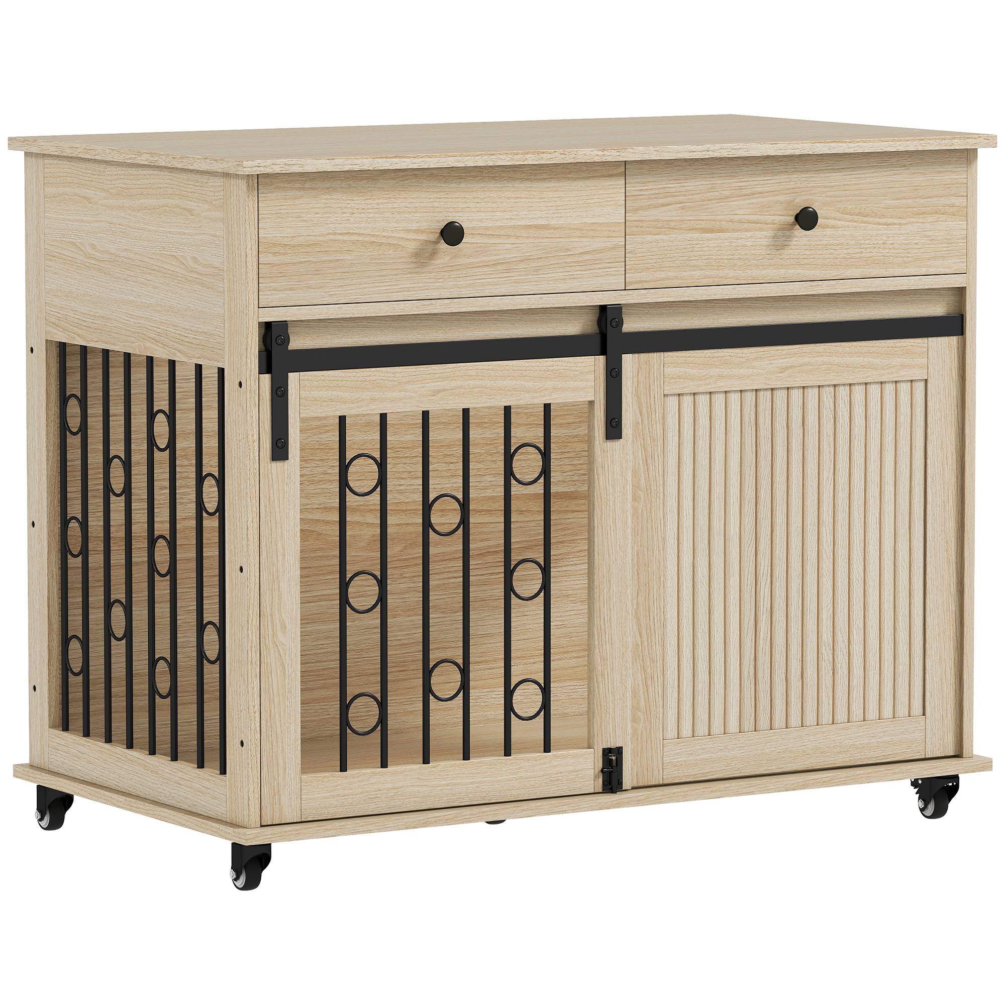 Table d'appoint moderne pour cage de chien moyen et grand, avec 2 tiroirs, 2 portes et loquet, 100 x 56 x 81 cm, chêne. - Image 2