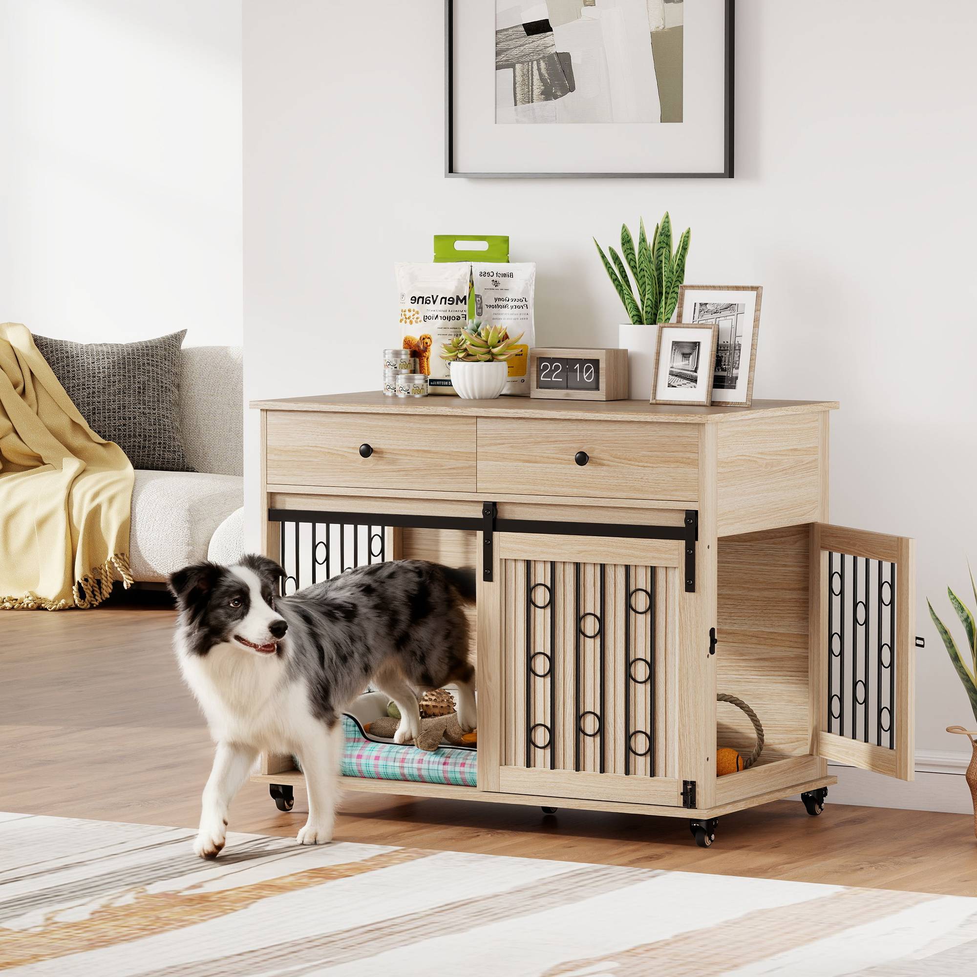 Table d'appoint moderne pour cage de chien moyen et grand, avec 2 tiroirs, 2 portes et loquet, 100 x 56 x 81 cm, chêne. - Image 4