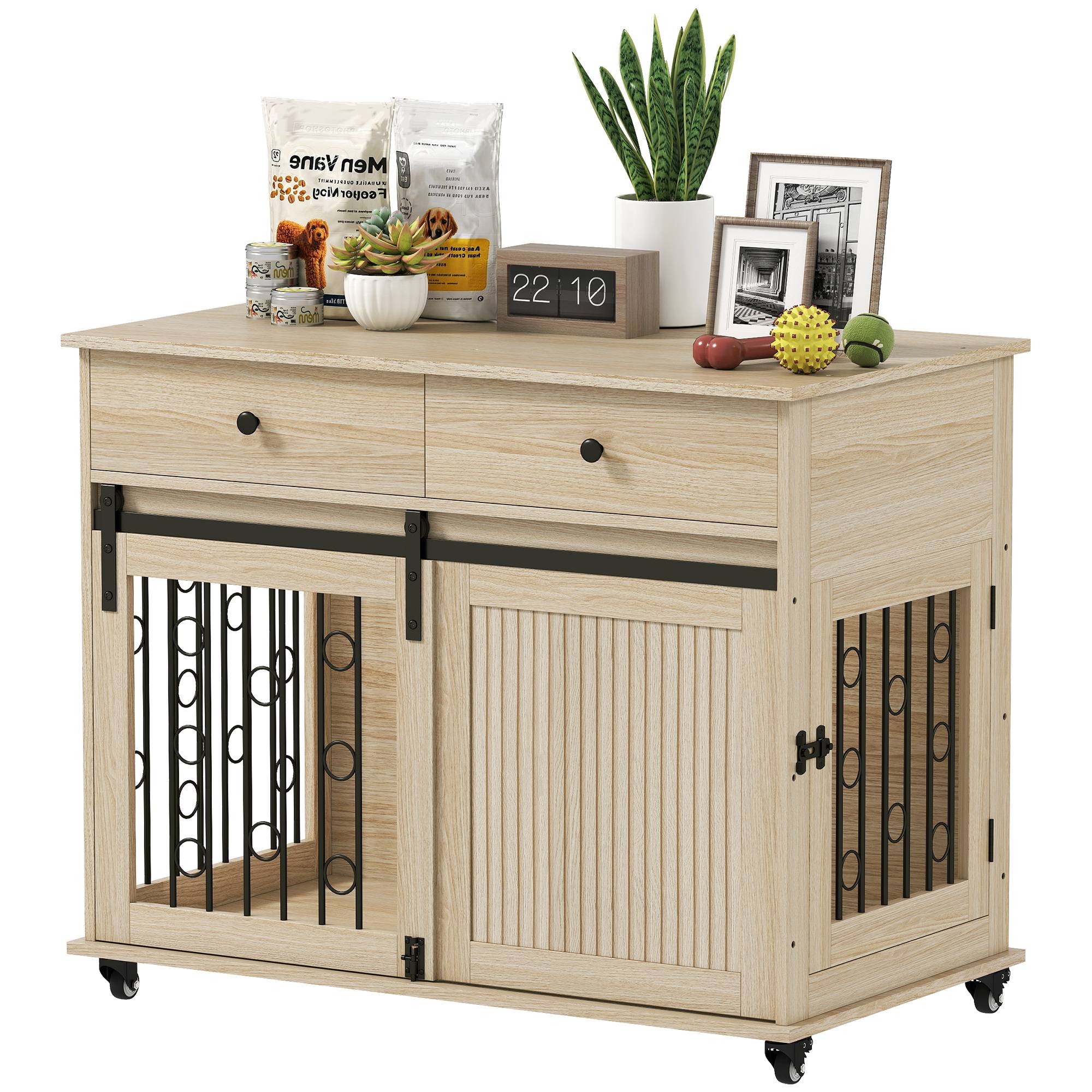 Table d'appoint moderne pour cage de chien moyen et grand, avec 2 tiroirs, 2 portes et loquet, 100 x 56 x 81 cm, chêne. - Image 1