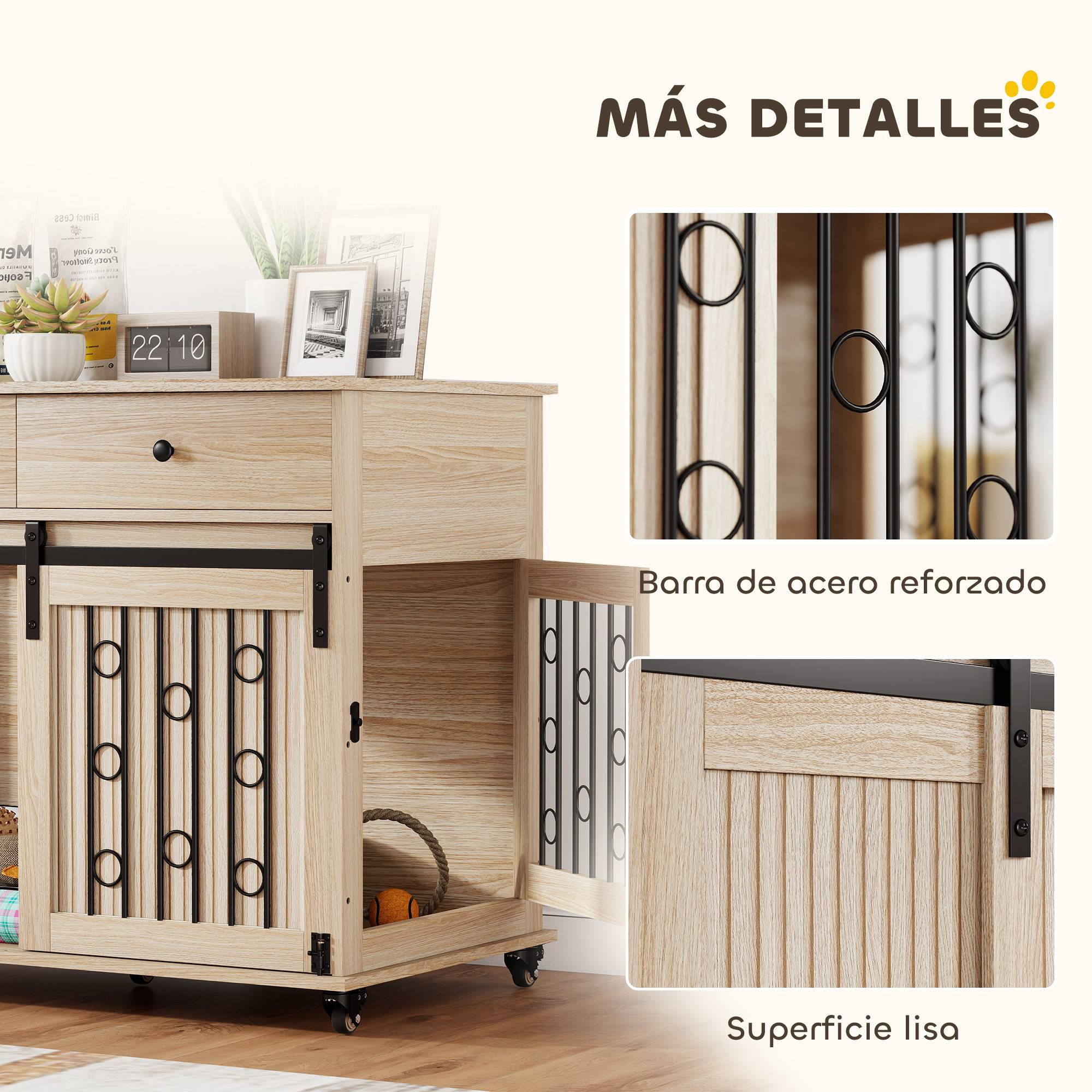 Table d'appoint moderne pour cage de chien moyen et grand, avec 2 tiroirs, 2 portes et loquet, 100 x 56 x 81 cm, chêne. - Image 10