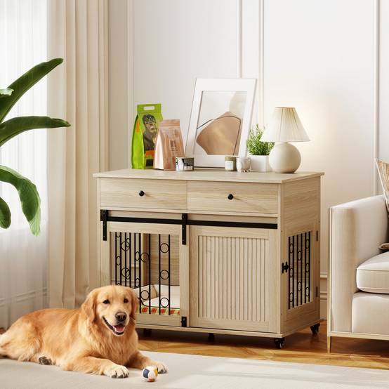 Table d'appoint moderne pour cage de chien moyen et grand, avec 2 tiroirs, 2 portes et loquet, 100 x 56 x 81 cm, chêne. - Image 3