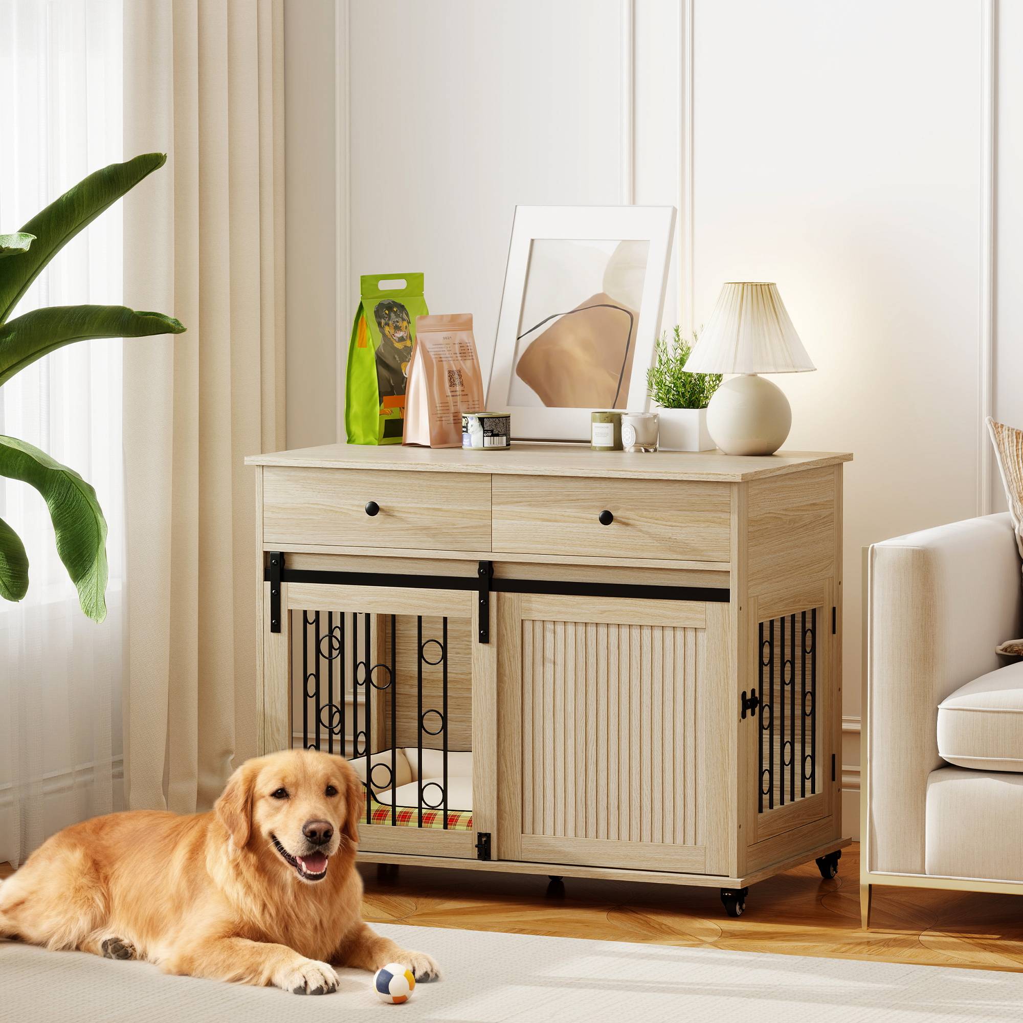 Table d'appoint moderne pour cage de chien moyen et grand, avec 2 tiroirs, 2 portes et loquet, 100 x 56 x 81 cm, chêne. - Image 3