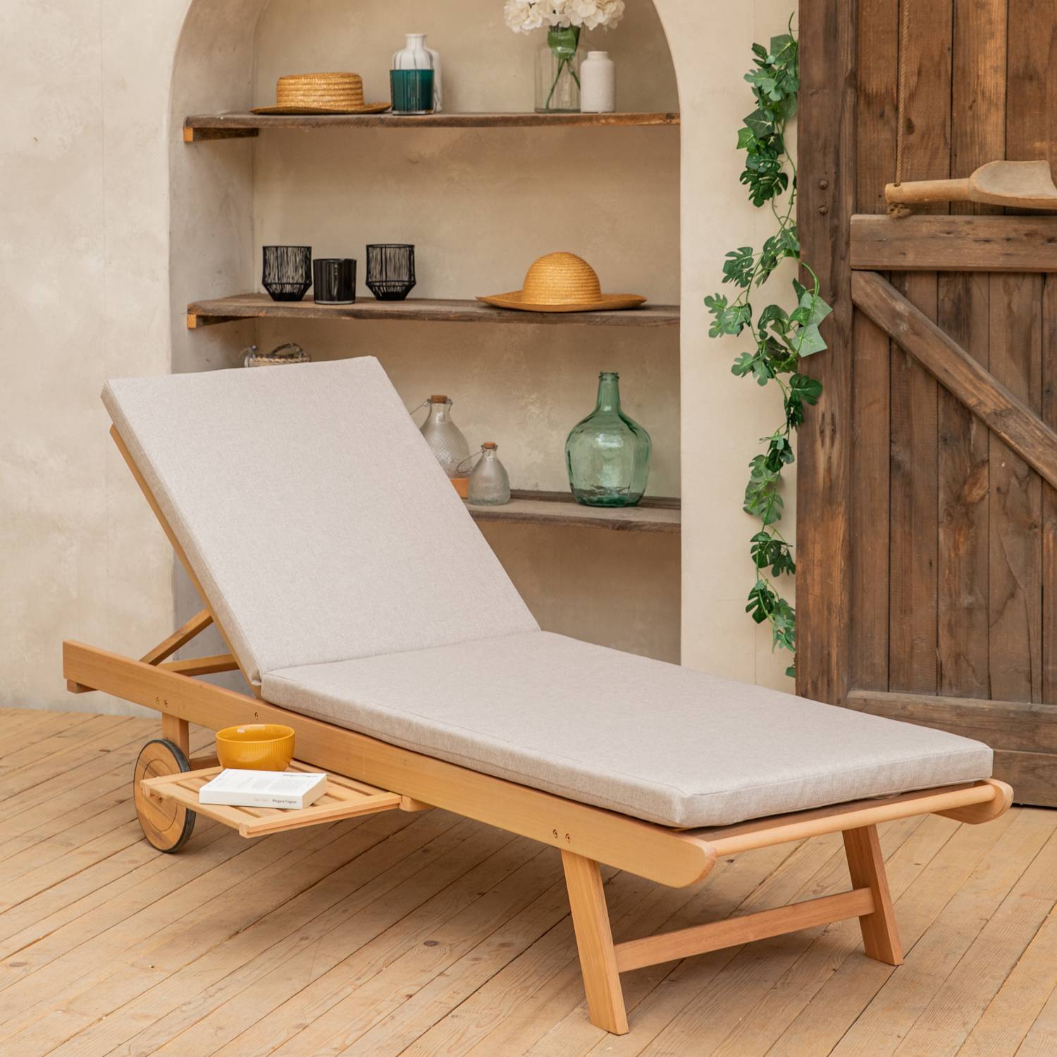 Bain de soleil pliant en acacia KANAWA - coussin sable - HAPPY GARDEN - Imagen 2