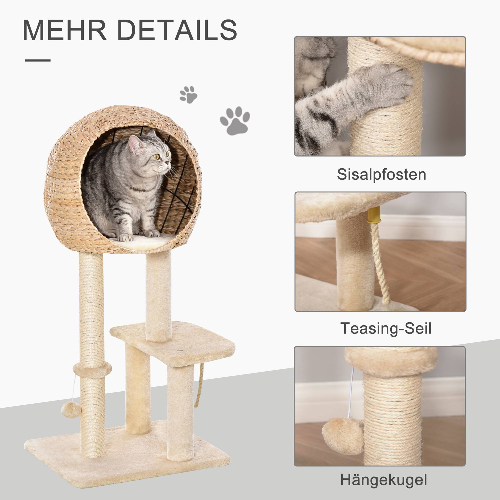 Arbre à chat 100 cm avec grotte et nid pour petit chat, jouet balle et sisal, couleur beige - Image 5