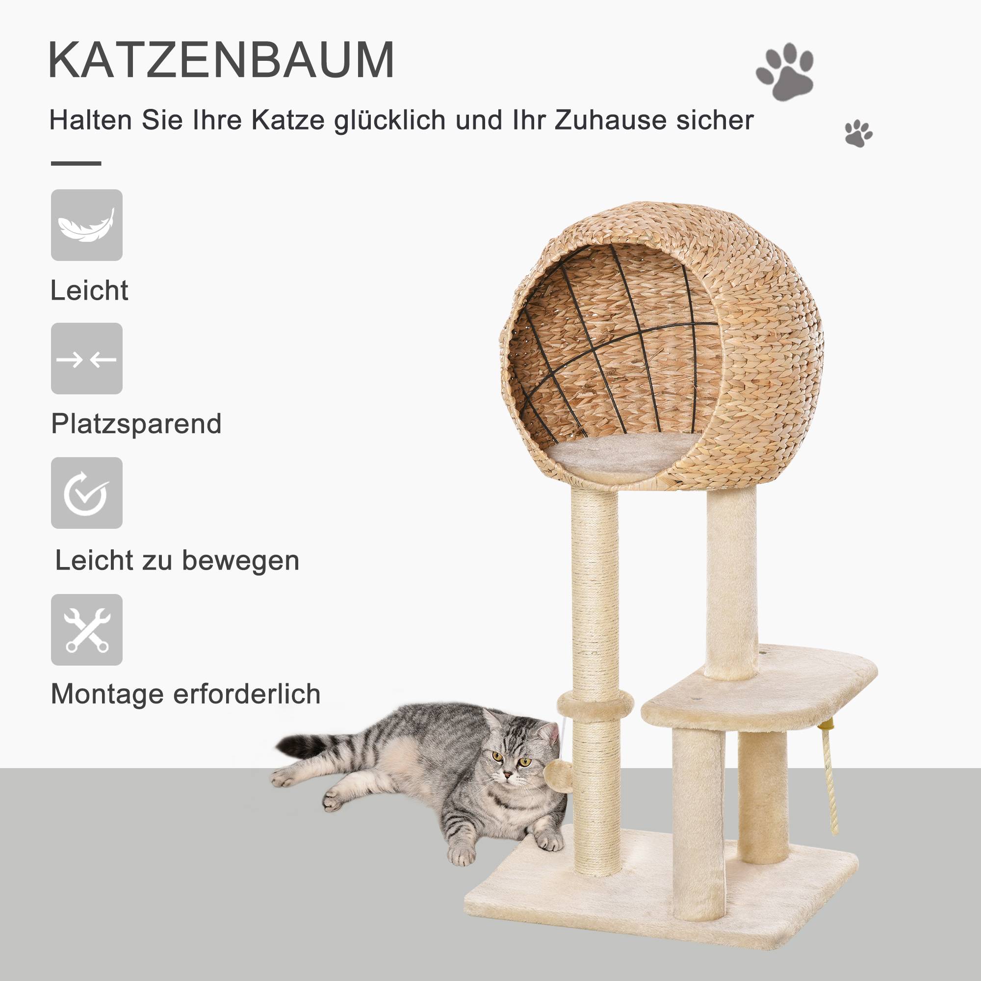 Arbre à chat 100 cm avec grotte et nid pour petit chat, jouet balle et sisal, couleur beige - Image 6