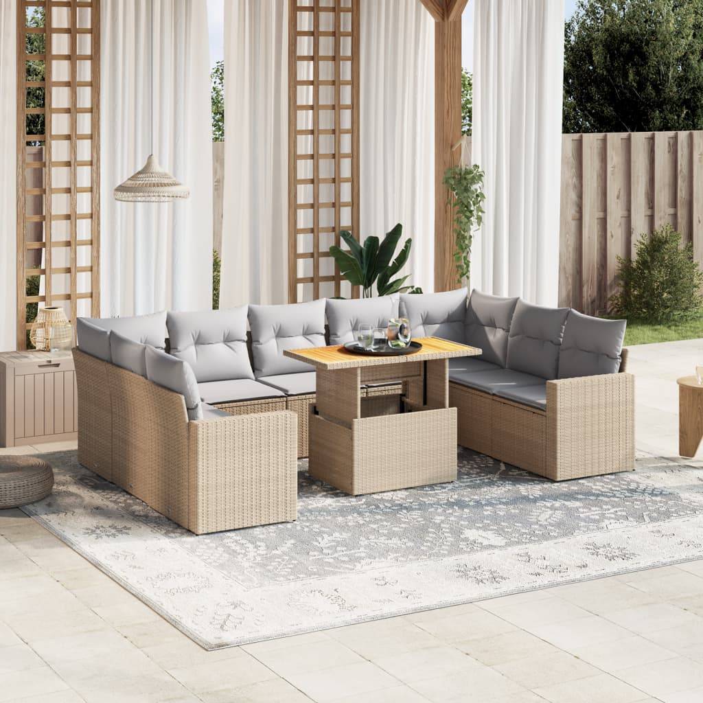 Salon de Jardin 10 Places Beige en Résine Tressée avec Table Relevable et Coussins Gris Clair – ComfortXL Outdoor Living - Image 1