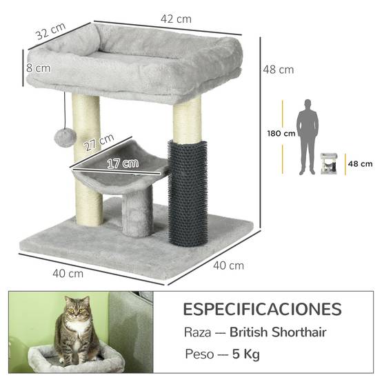 Arbre à chat avec couchage, perchoir, griffoir en sisal et système autonettoyant, design moderne et compact, 40 x 40 x 48 cm, gris - Image 5