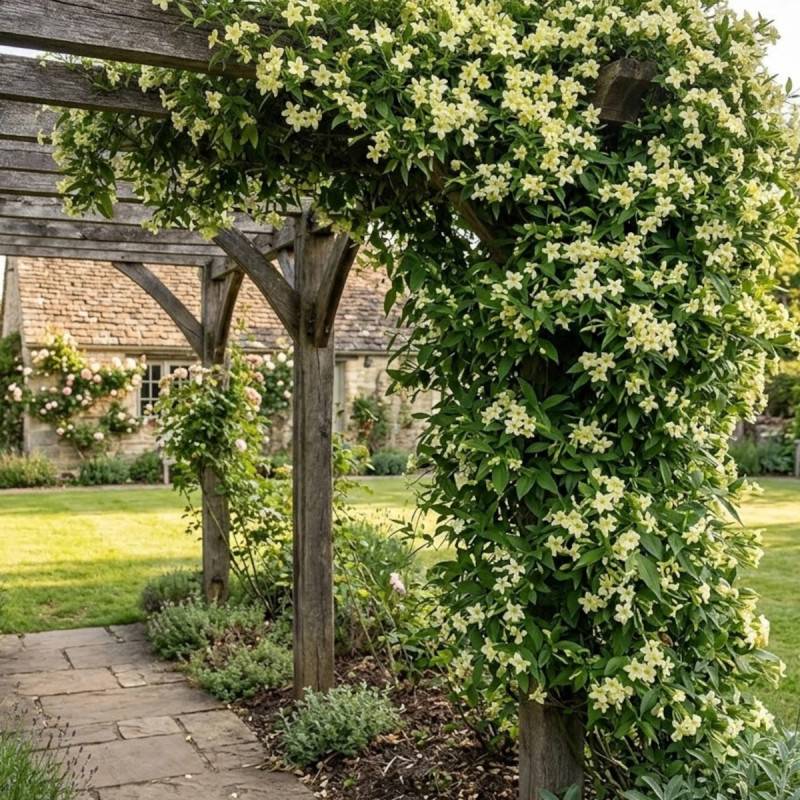 Jasmin blanc Clotted Cream® 'Devon Cream' à fleurs Jaune - feuillage Caduc - Godet - 5/20 cm-  hauteur à maturité De 3,00 m à 5,00 m - Imagen 3