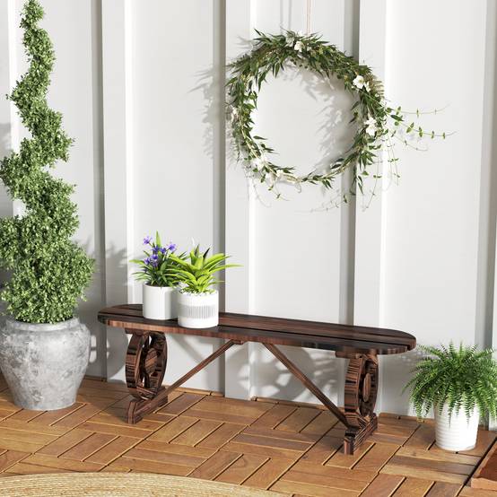 Banc de jardin sans dossier bois sapin lattes pieds roues chariot 120x29x39cm marron - ComfortXL Outdoor Living - Image 3