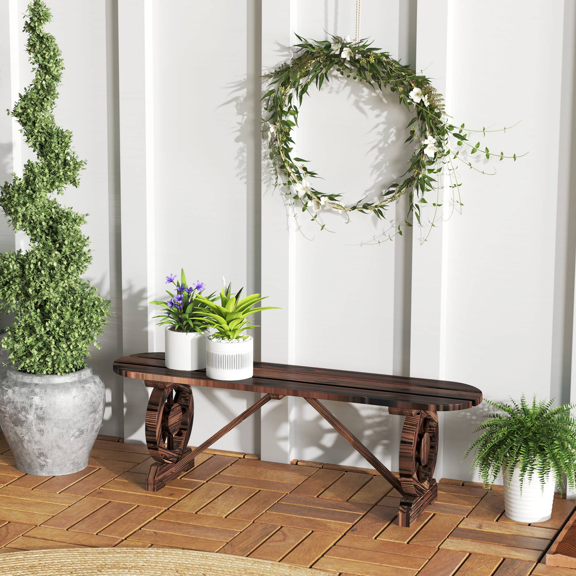 Banc de jardin sans dossier bois sapin lattes pieds roues chariot 120x29x39cm marron - ComfortXL Outdoor Living - Image 3