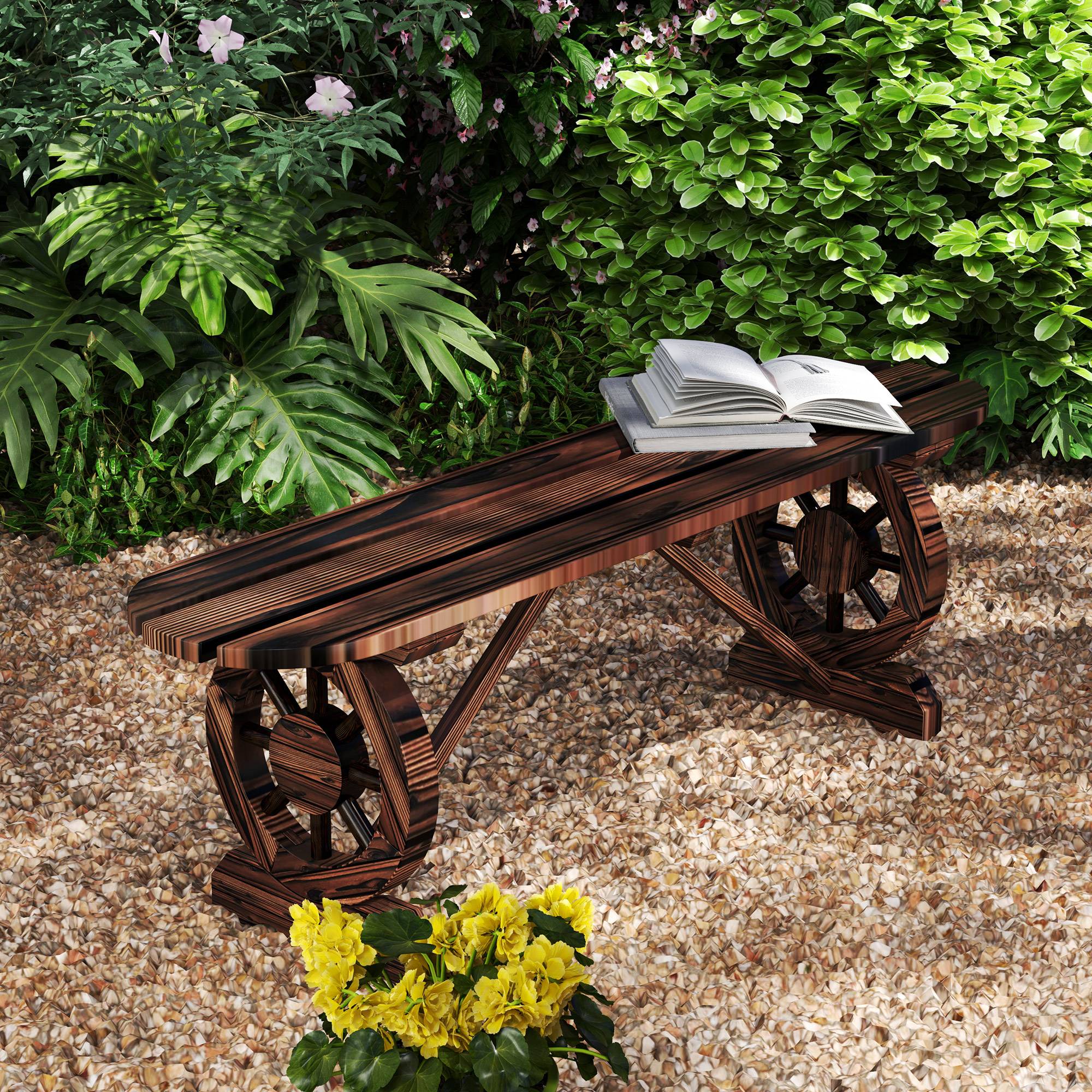 Banc de jardin sans dossier bois sapin lattes pieds roues chariot 120x29x39cm marron - ComfortXL Outdoor Living - Image 4