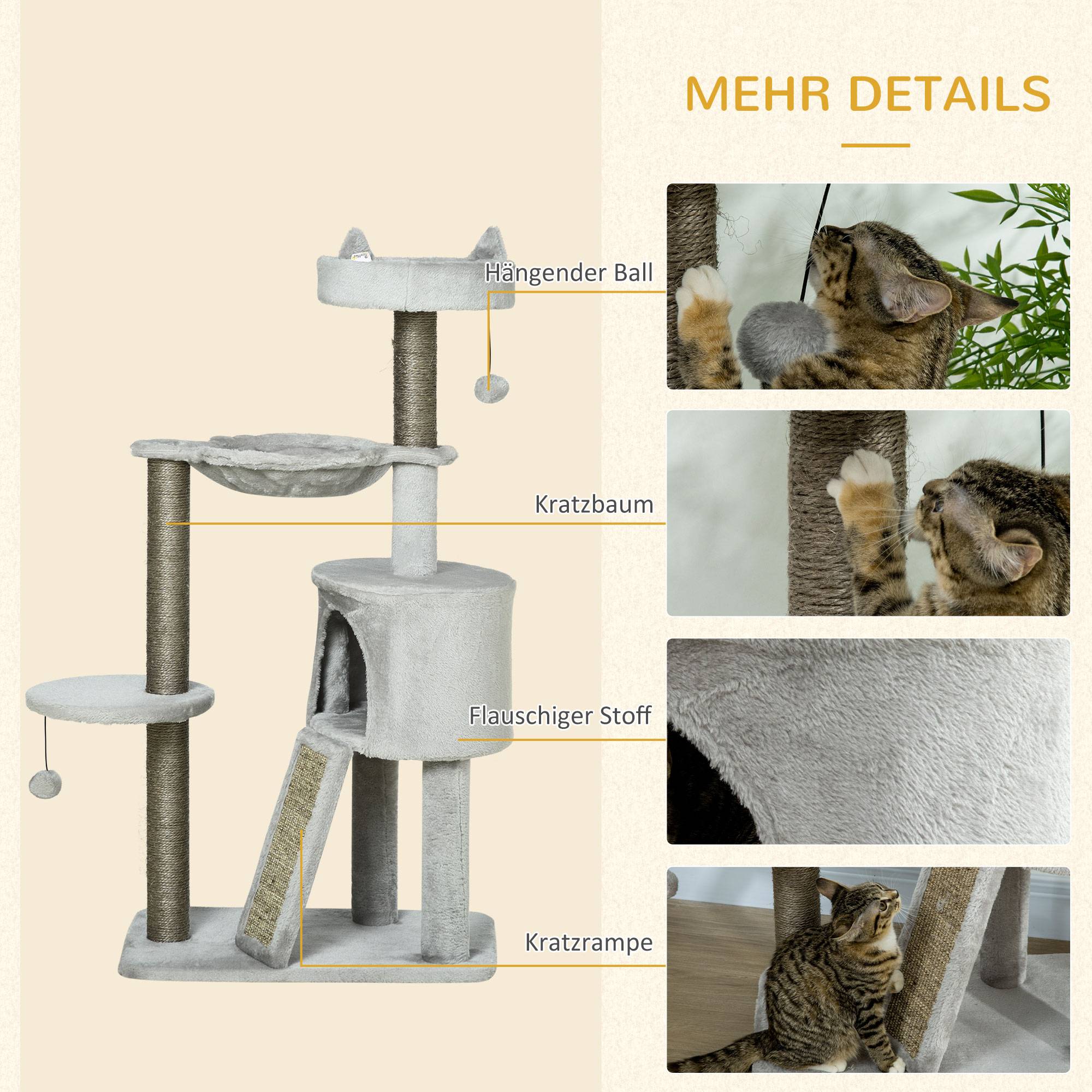 Arbre à chat PawHut avec grotte, lit, hamac et jouets, 60 x 40 x 113 cm, gris clair - Image 8