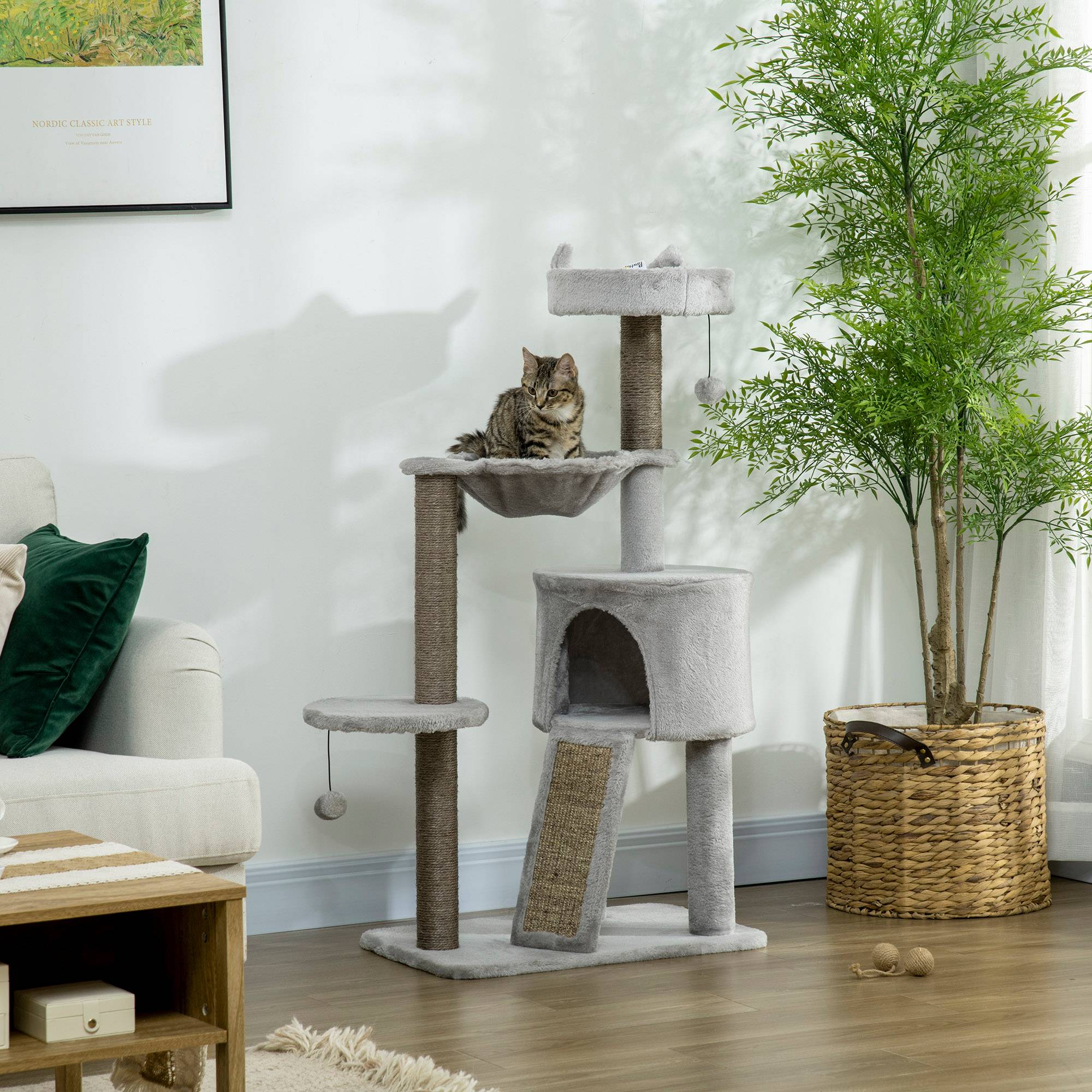 Arbre à chat PawHut avec grotte, lit, hamac et jouets, 60 x 40 x 113 cm, gris clair - Image 3