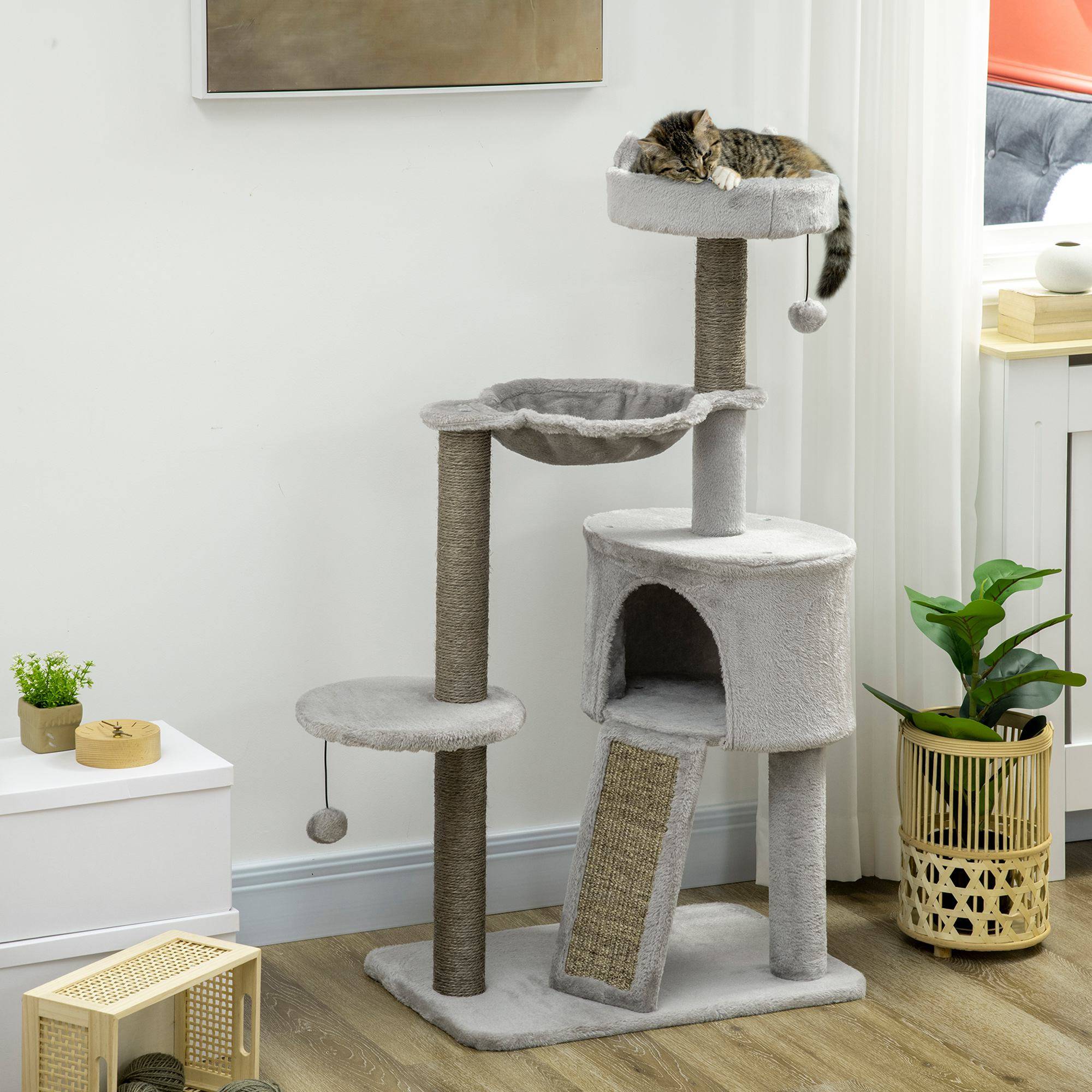 Arbre à chat PawHut avec grotte, lit, hamac et jouets, 60 x 40 x 113 cm, gris clair - Image 4