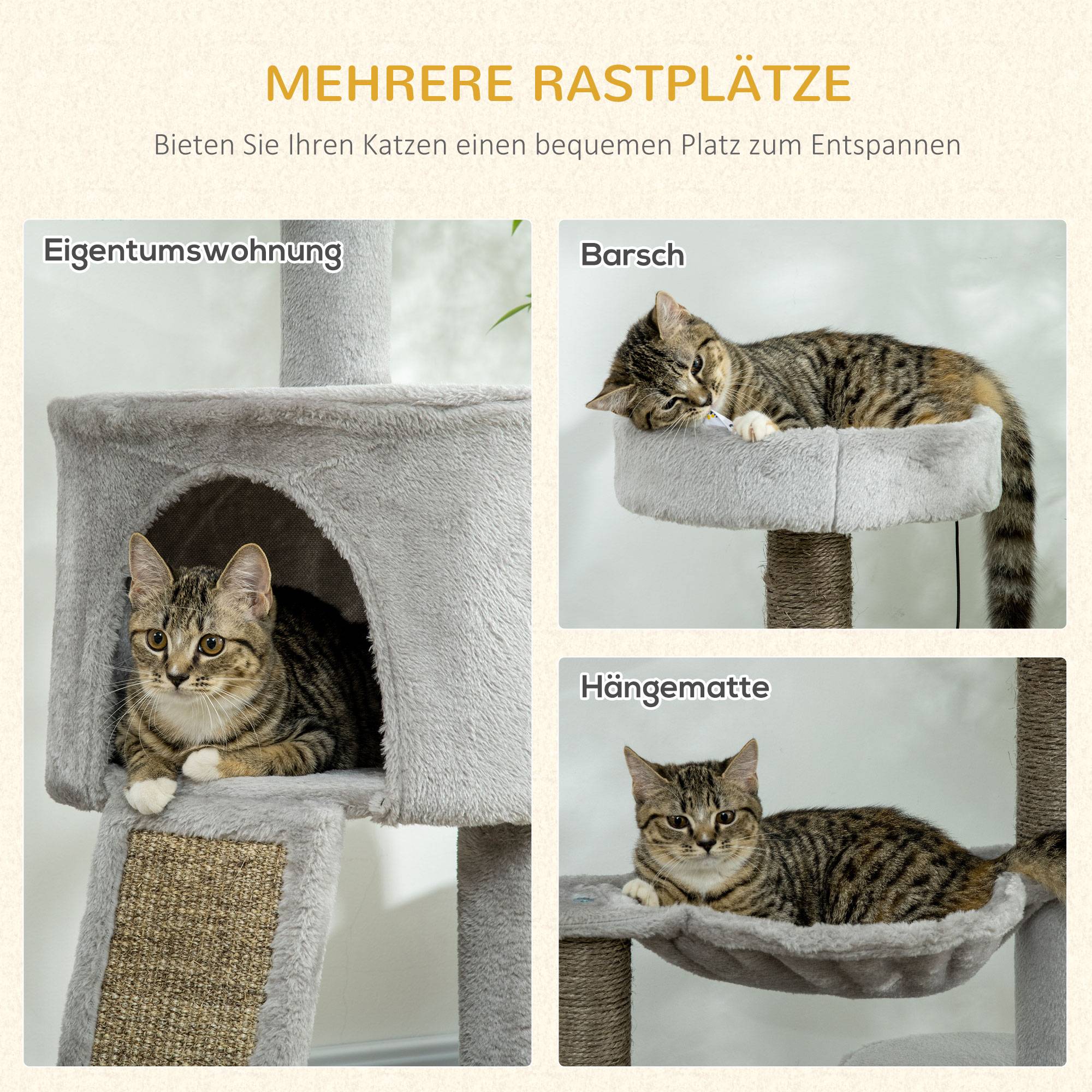 Arbre à chat PawHut avec grotte, lit, hamac et jouets, 60 x 40 x 113 cm, gris clair - Image 6