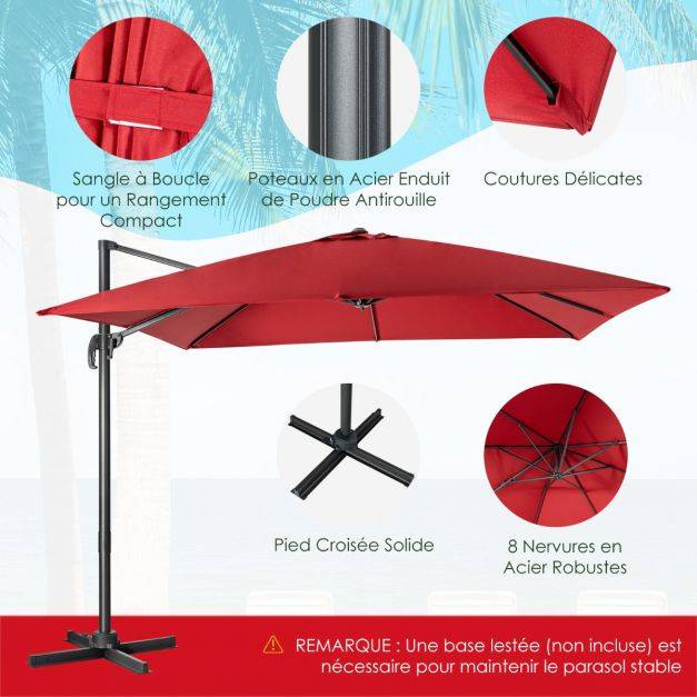 Helloshop26 - Parasol déporté inclinable 3x3 m avec base croisée rotation à 360° manivelle 8 baleines event pour jardin terrasse vin-rouge - Imagen 2