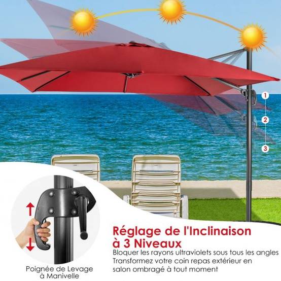 Helloshop26 - Parasol déporté inclinable 3x3 m avec base croisée rotation à 360° manivelle 8 baleines event pour jardin terrasse vin-rouge - Imagen 3