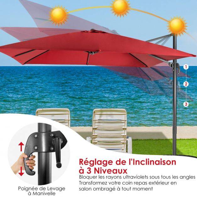 Helloshop26 - Parasol déporté inclinable 3x3 m avec base croisée rotation à 360° manivelle 8 baleines event pour jardin terrasse vin-rouge - Imagen 3