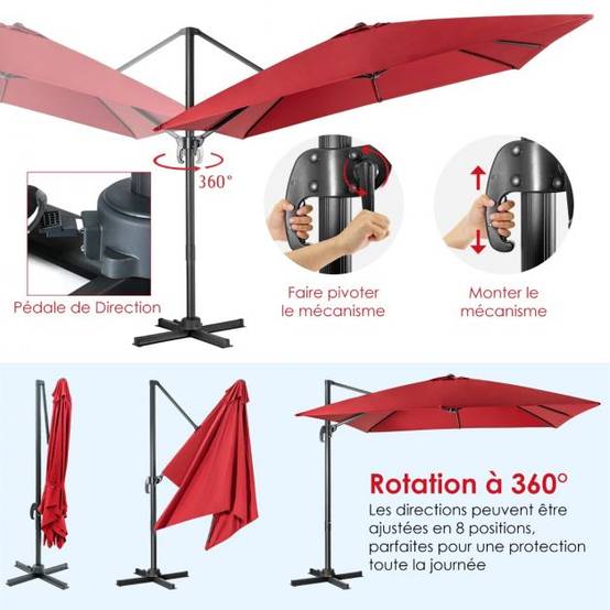 Helloshop26 - Parasol déporté inclinable 3x3 m avec base croisée rotation à 360° manivelle 8 baleines event pour jardin terrasse vin-rouge - Imagen 4