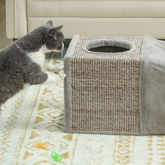 Tunnel pour chat intérieur jouets pour chats avec balle suspendue entrées multiples en sisal 98 x 30 x 30 cm gris - Image 10