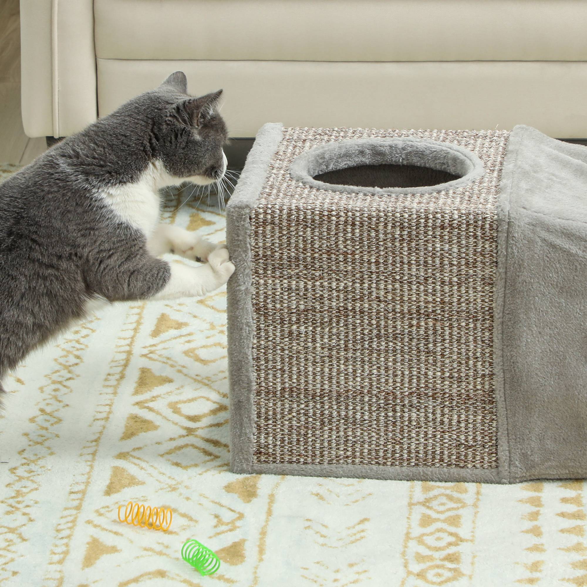 Tunnel pour chat intérieur jouets pour chats avec balle suspendue entrées multiples en sisal 98 x 30 x 30 cm gris - Image 10
