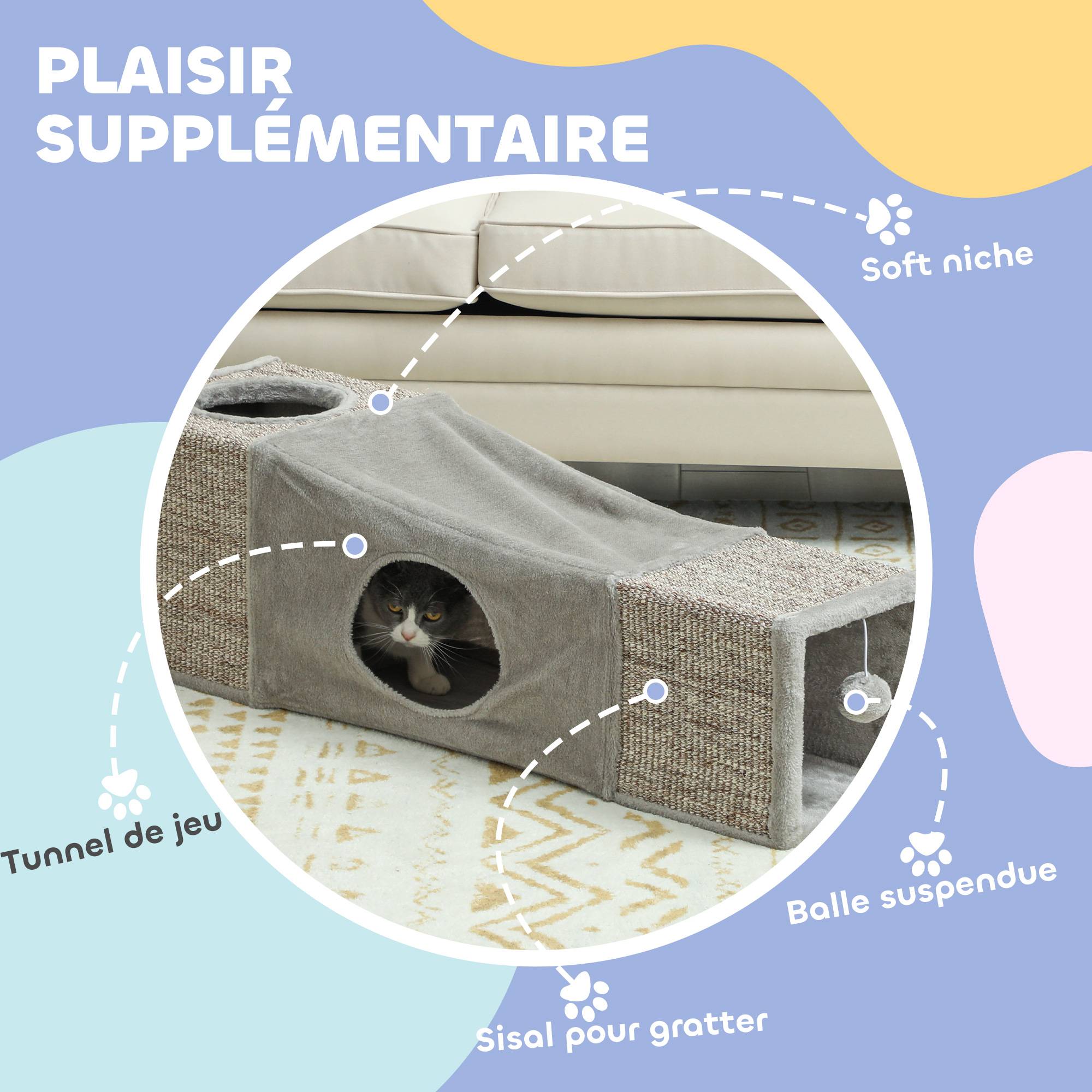 Tunnel pour chat intérieur jouets pour chats avec balle suspendue entrées multiples en sisal 98 x 30 x 30 cm gris - Image 7