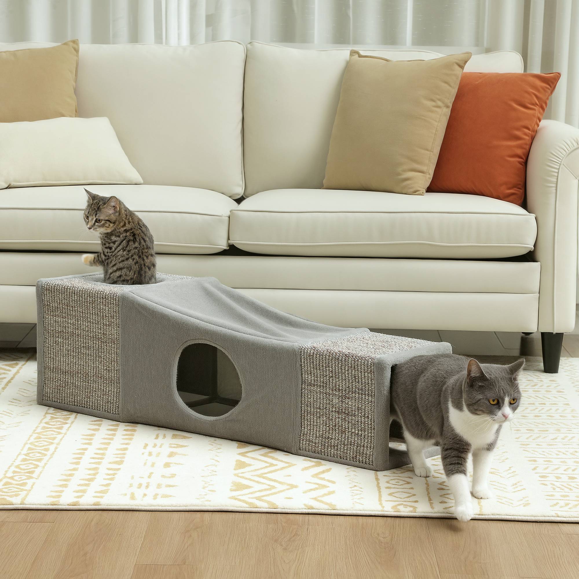 Tunnel pour chat intérieur jouets pour chats avec balle suspendue entrées multiples en sisal 98 x 30 x 30 cm gris - Image 3
