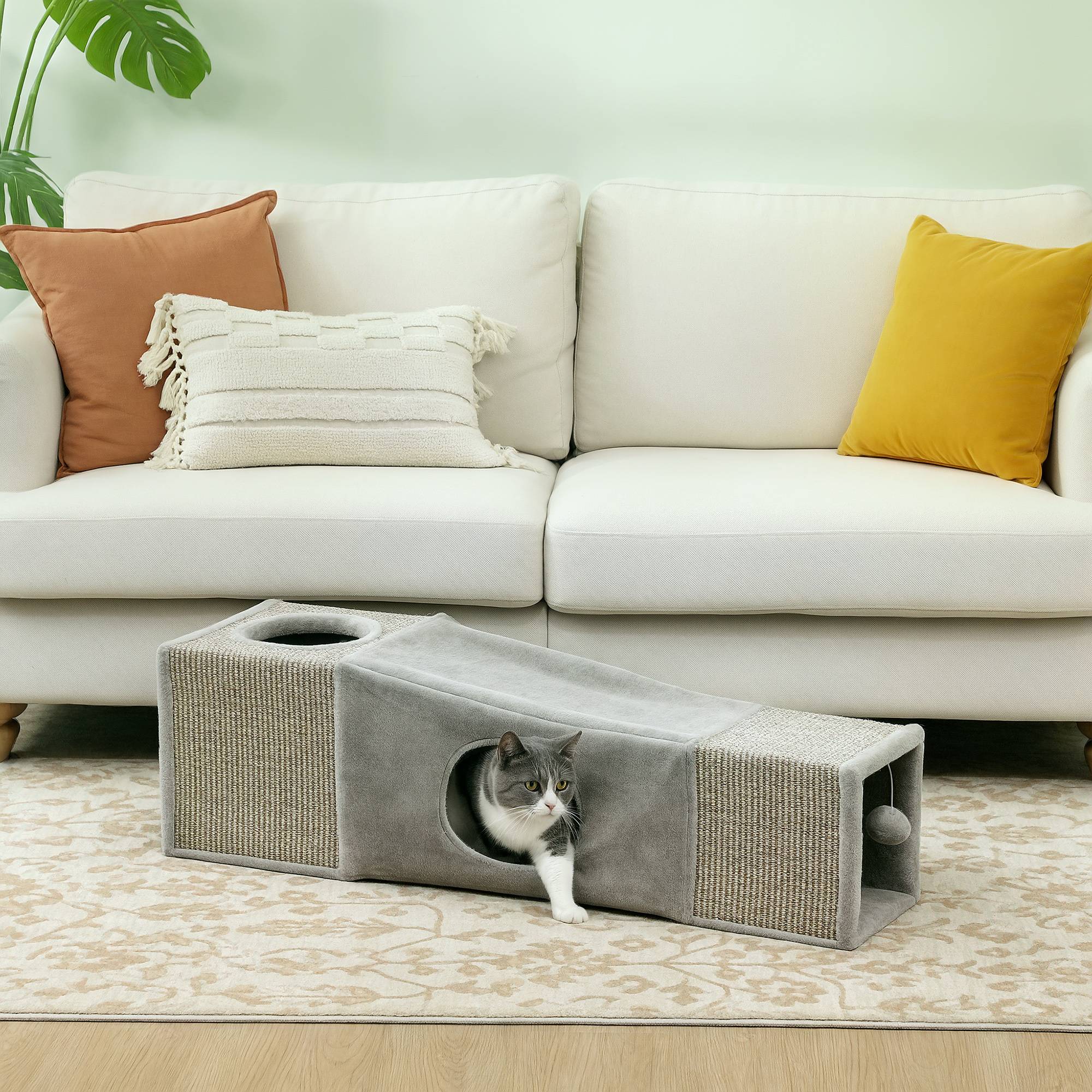 Tunnel pour chat intérieur jouets pour chats avec balle suspendue entrées multiples en sisal 98 x 30 x 30 cm gris - Image 4