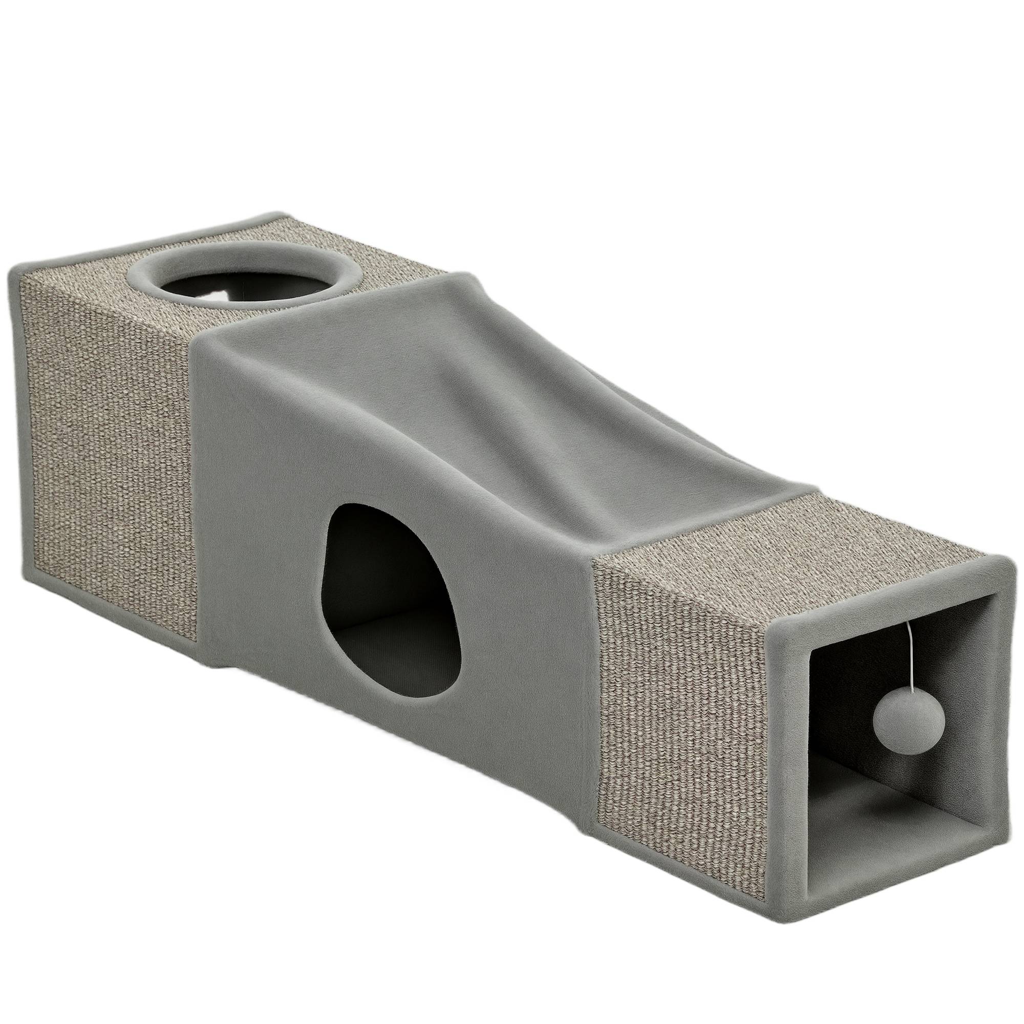 Tunnel pour chat intérieur jouets pour chats avec balle suspendue entrées multiples en sisal 98 x 30 x 30 cm gris - Image 1