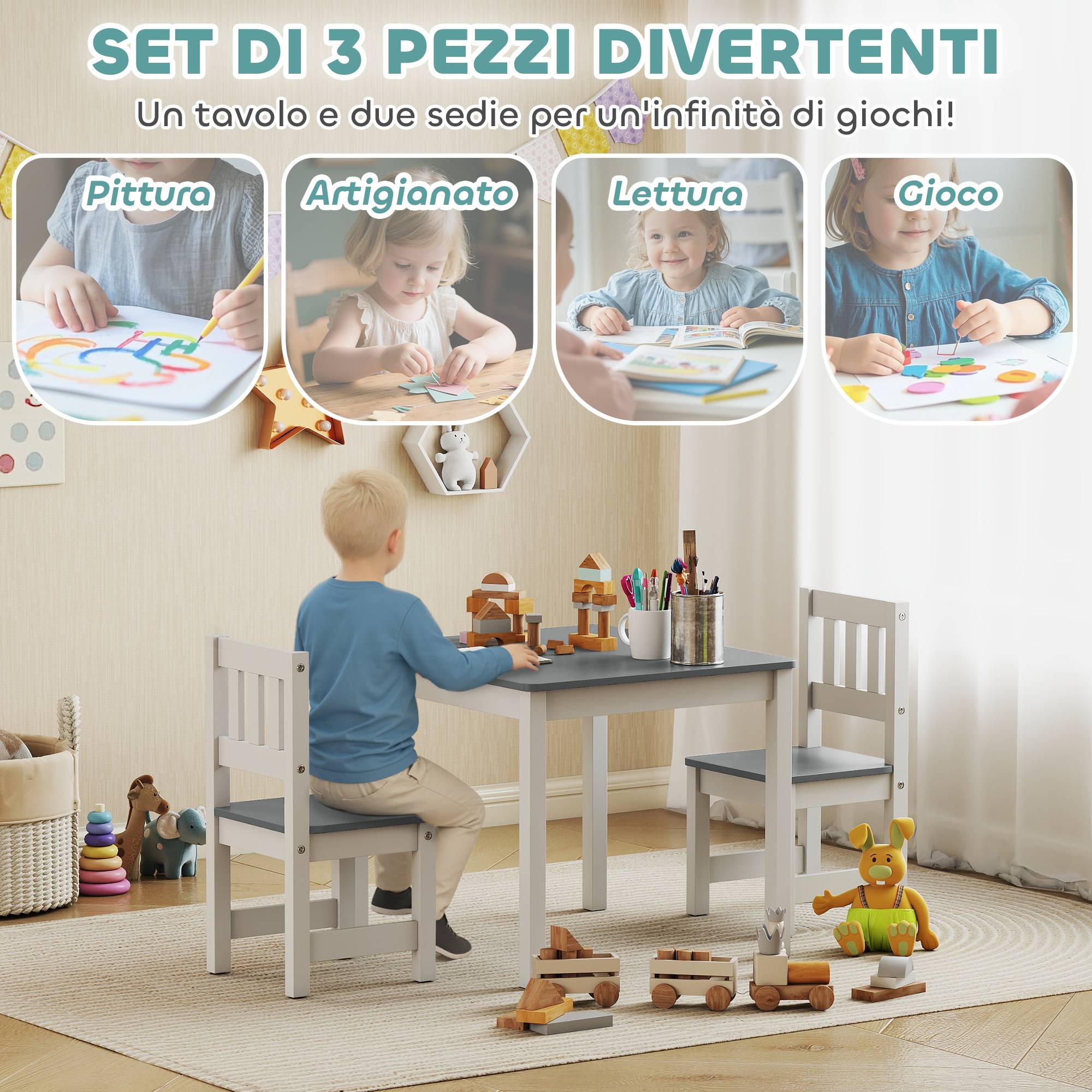 Ensemble table et chaises enfant 3-8 ans 3 pièces bois bords arrondis, gris et blanc - Image 7