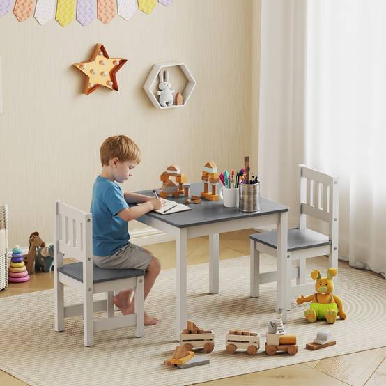 Ensemble table et chaises enfant 3-8 ans 3 pièces bois bords arrondis, gris et blanc - Image 3