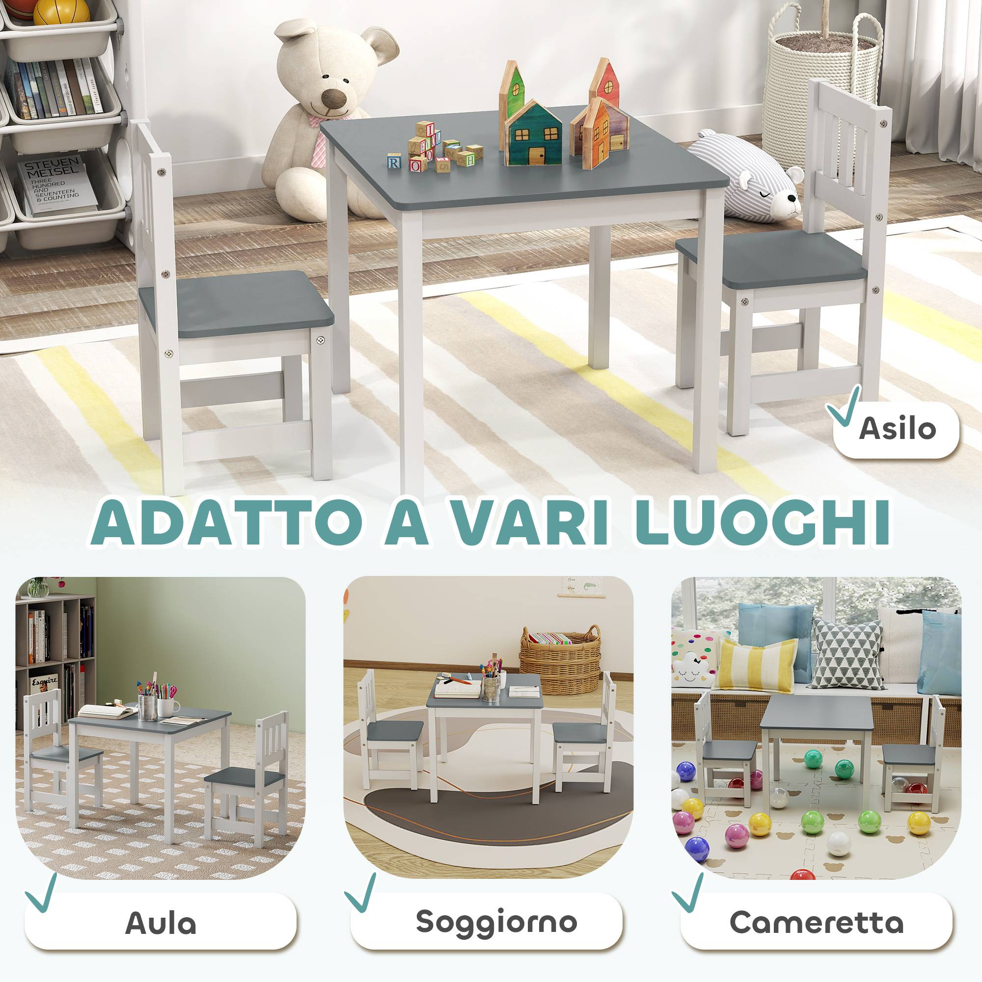 Ensemble table et chaises enfant 3-8 ans 3 pièces bois bords arrondis, gris et blanc - Image 9